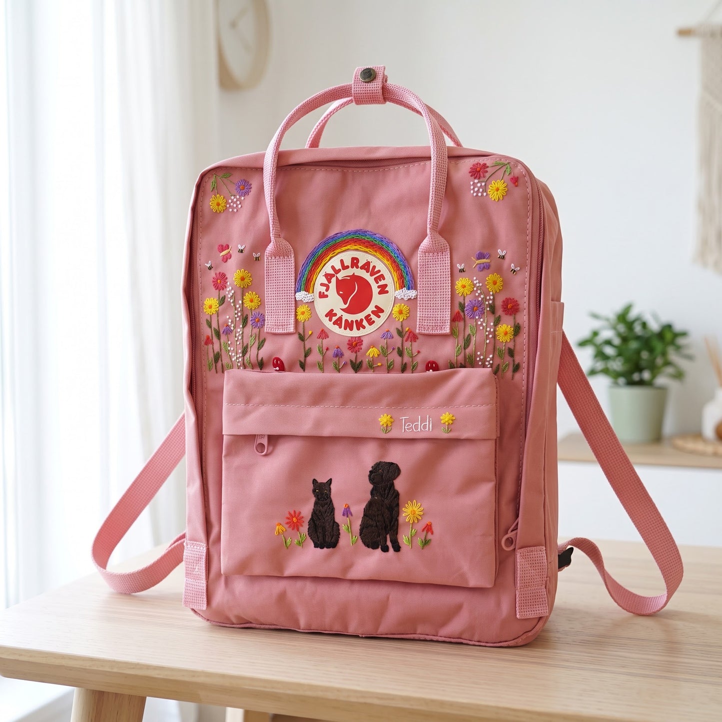 Personalized Fjallraven Kanken Pet Backpack | Custom Cat & Dog Embroidered Kanken Bag |Rainbow Wildflower Backpack | Custom Pet Portrait Bag