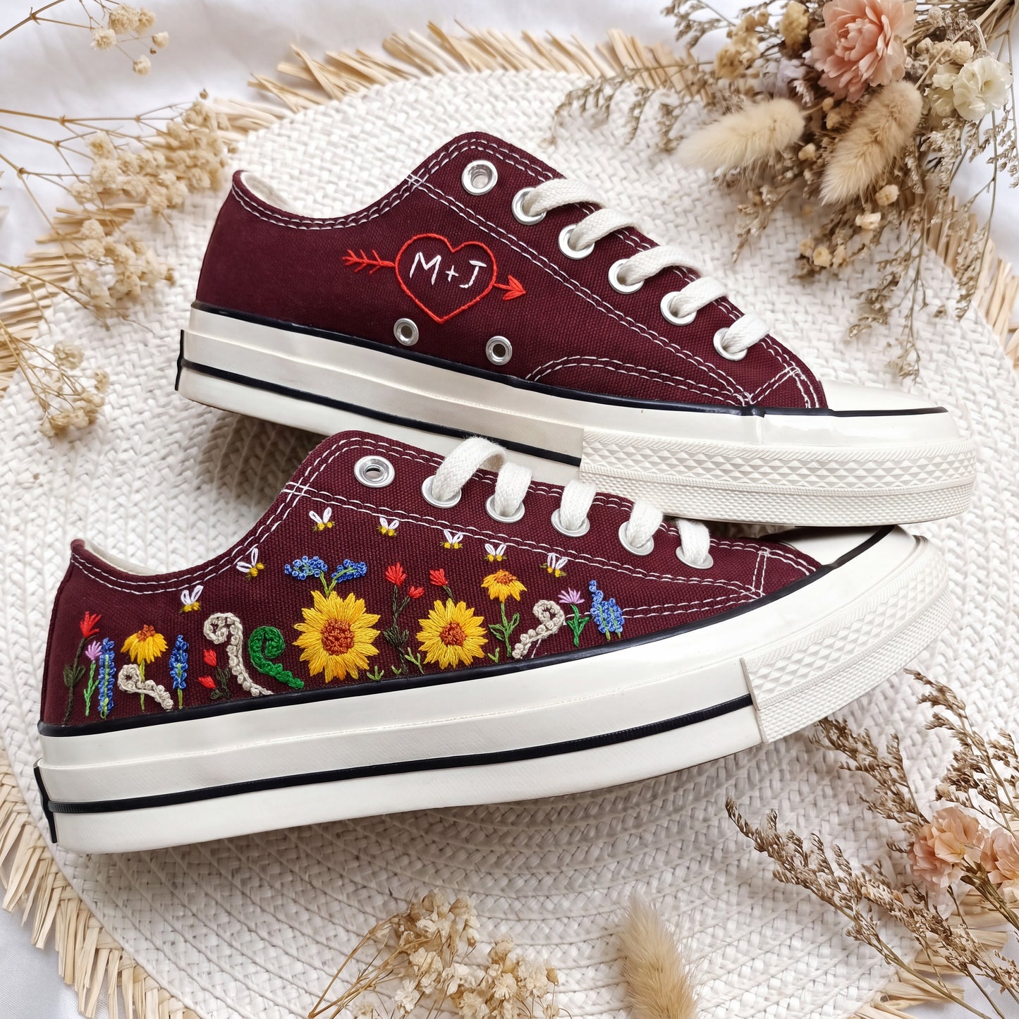 Custom Embroidered Converse Shoes | Personalized Hand Embroidered Canvas Sneakers | Custom Wedding Gift for Couples | Handmade