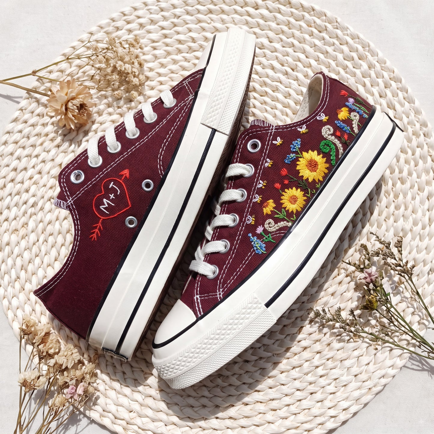 Custom Embroidered Converse Shoes | Personalized Hand Embroidered Canvas Sneakers | Custom Wedding Gift for Couples | Handmade