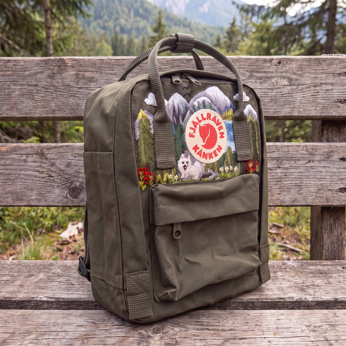 Fjallraven Kanken Hand Embroidered Dog Mountain Backpack | Pine Forest Landscape Bag | Outdoor Nature Backpack | Dog Lover Gift