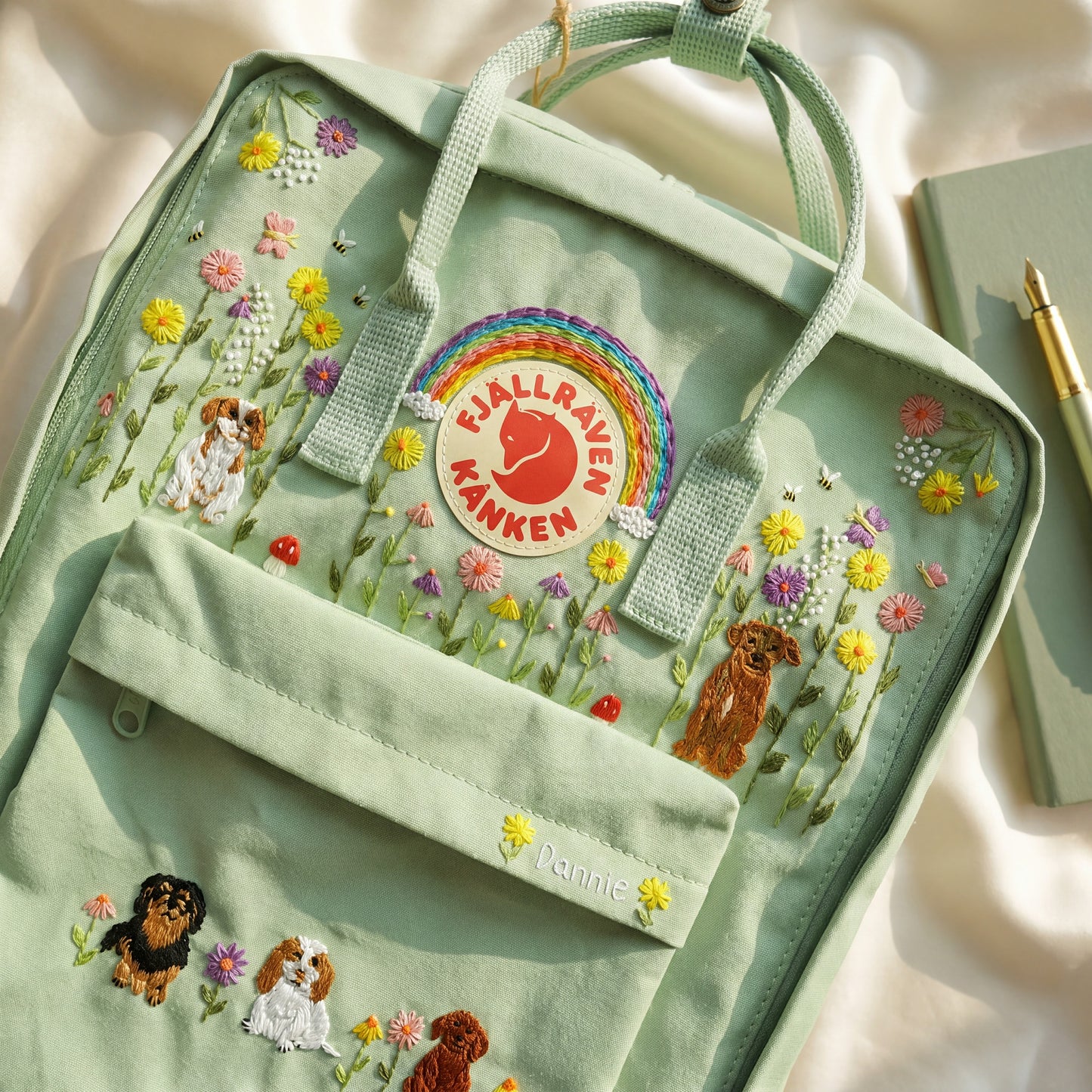 Hand-Embroidered Fjallraven Kanken Backpack with Dogs Design| Custom Embroidered Fjallraven Kanken Backpack | Dogs Embroidery Backpack