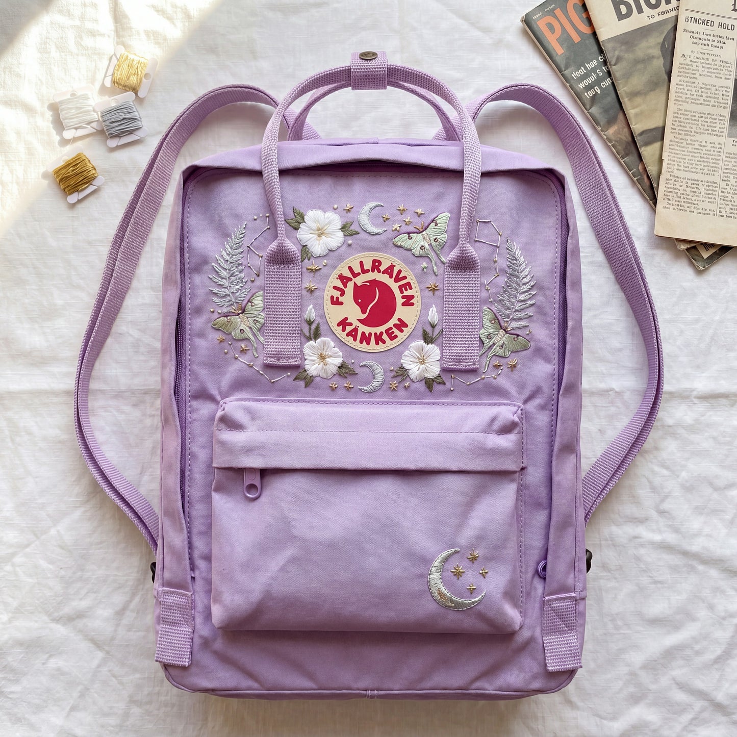 Custom Embroidered Fjallraven Kanken Backpack | Luna Moth, Moon & Stars Design | Personalized Celestial Backpack | Witchy Aesthetic Gift
