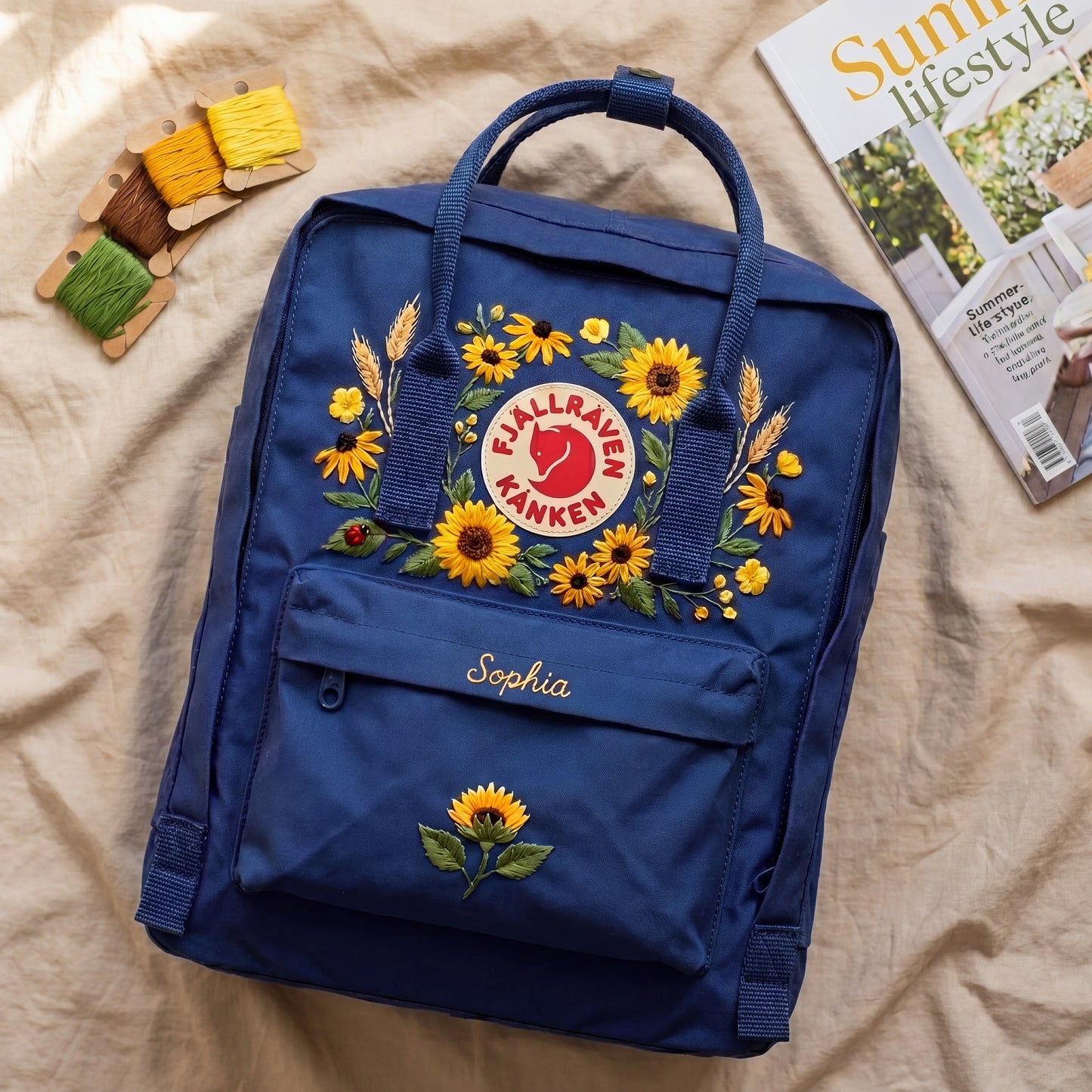 Personalized Fjallraven Kanken Sunflower Backpack, Custom Name Embroidered Kanken Bag, Embroidered Sunflower Garden School Backpack