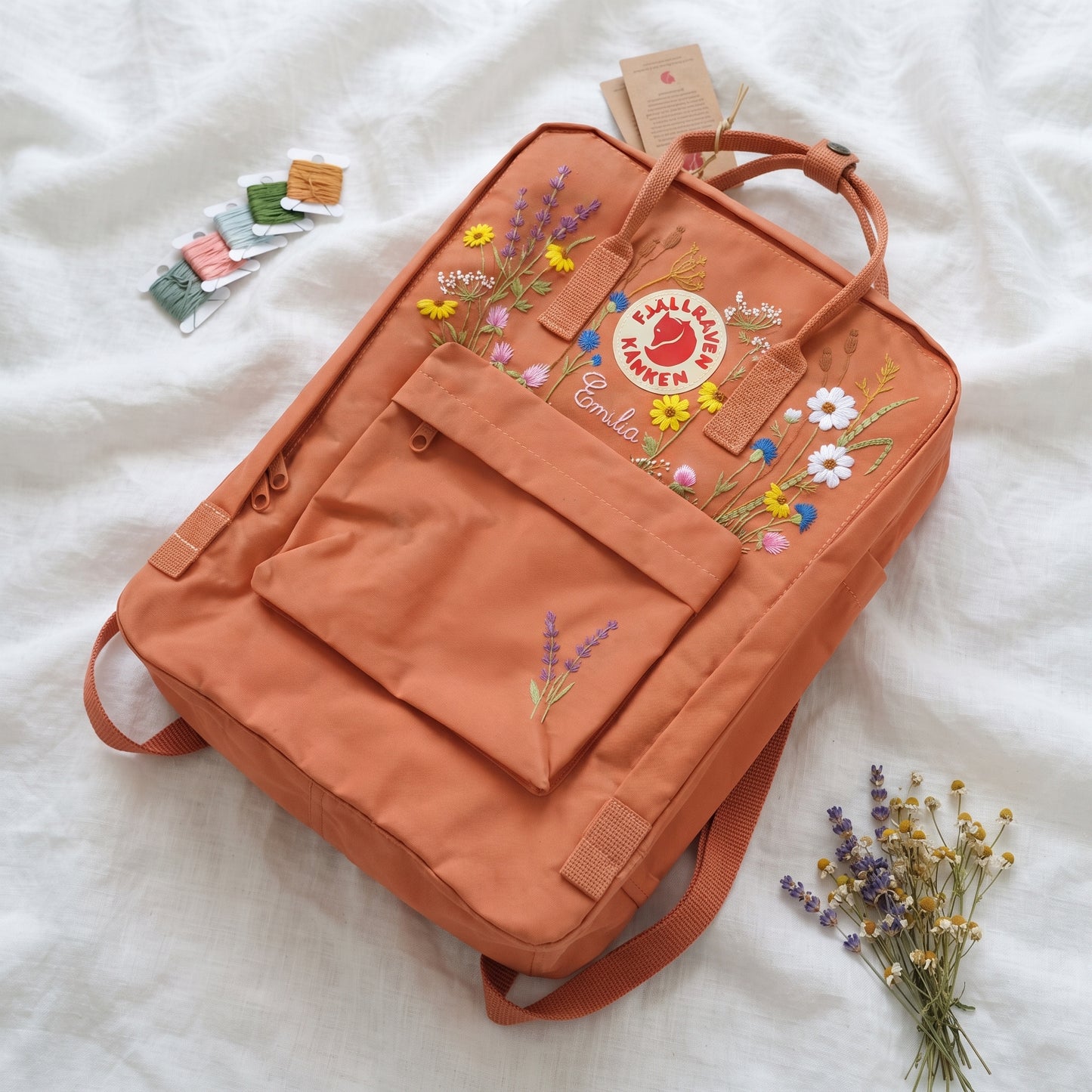 Custom Embroidered Fjallraven Kanken Backpack Wildflower | Fjallraven Kanken Travel Backpack| Handmade Cottagecore School Bag|Wildflower Bag