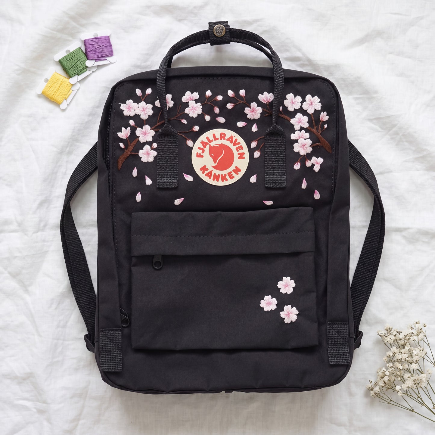 Fjallraven KaFjallraven Kanken Cherry Blossom Embroidered Backpack | Sakura Floral Hand Embroidery | Custom Name Kanken Bag | Back to School