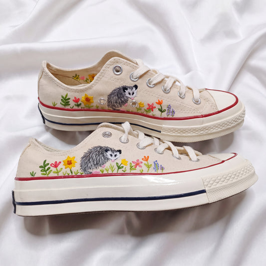 Hand Embroidered Opossum Converse Shoes | Custom Floral White Converse Sneakers | Personalized Gift for Women