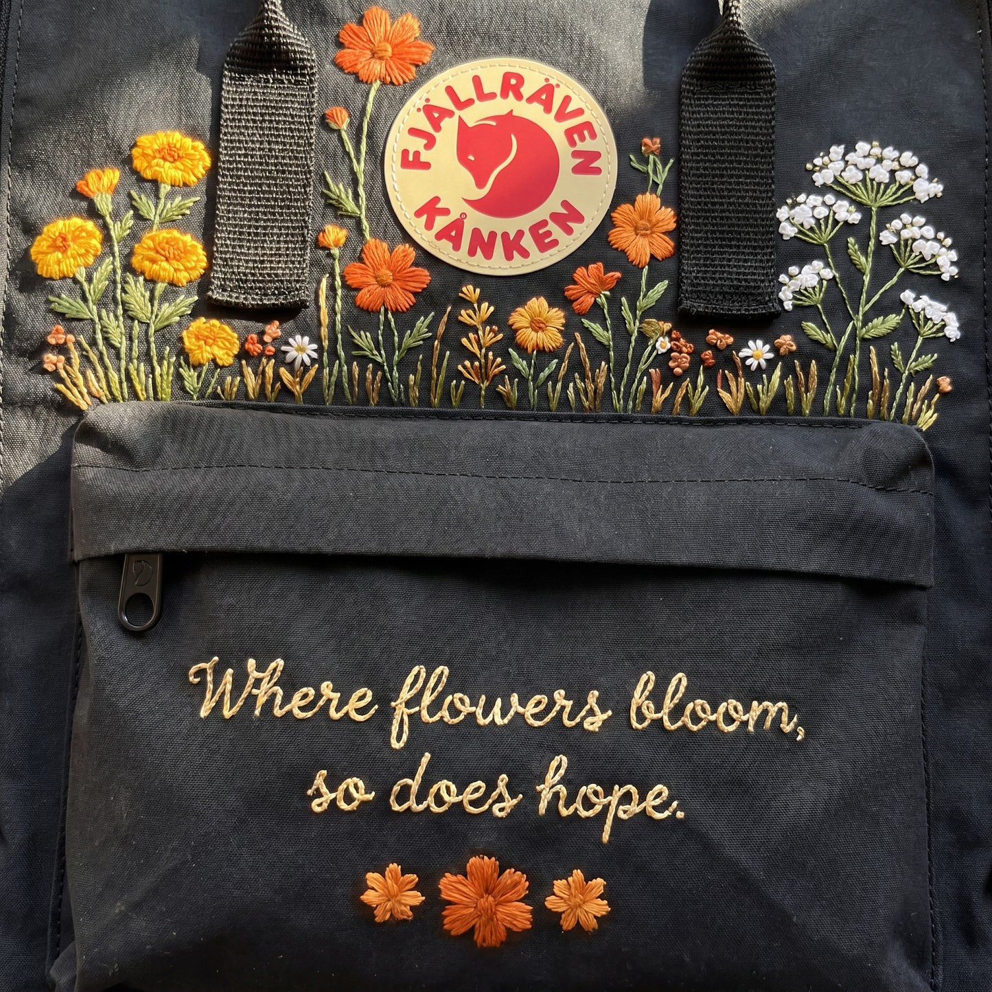 Personalized Fjallraven Kanken Wildflower Backpack, Embroidered Marigold & Baby's Breath Kanken Bag, CustomBackpack with Meaningful Quote