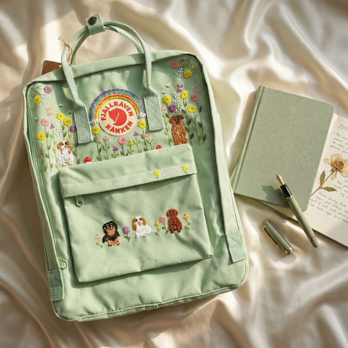 Hand-Embroidered Fjallraven Kanken Backpack with Dogs Design| Custom Embroidered Fjallraven Kanken Backpack | Dogs Embroidery Backpack