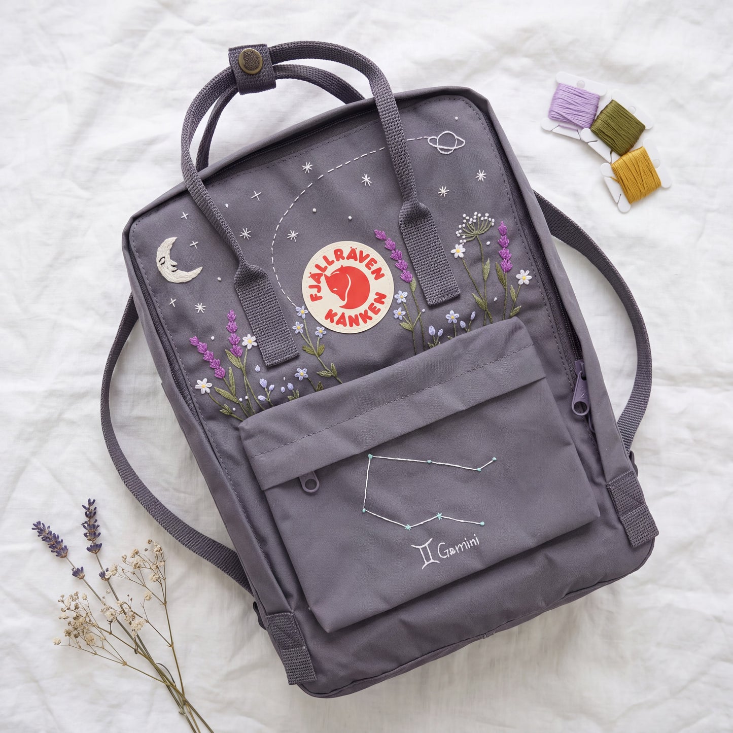Personalized Fjallraven Kanken Backpack | Gemini Zodiac Embroidered Backpack | Moon & Stars Celestial Kanken Bag | Lavender Backpack