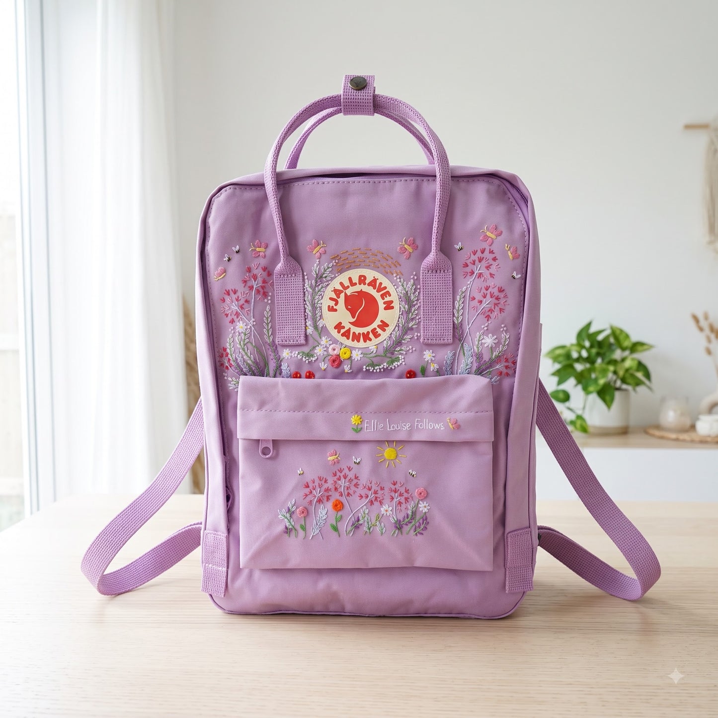 Kanken Backpack Embroidered with Dandelion Flowers / Fjallraven kanken embroidery design Dandelion flowers/ Butterfly and flower embroidered