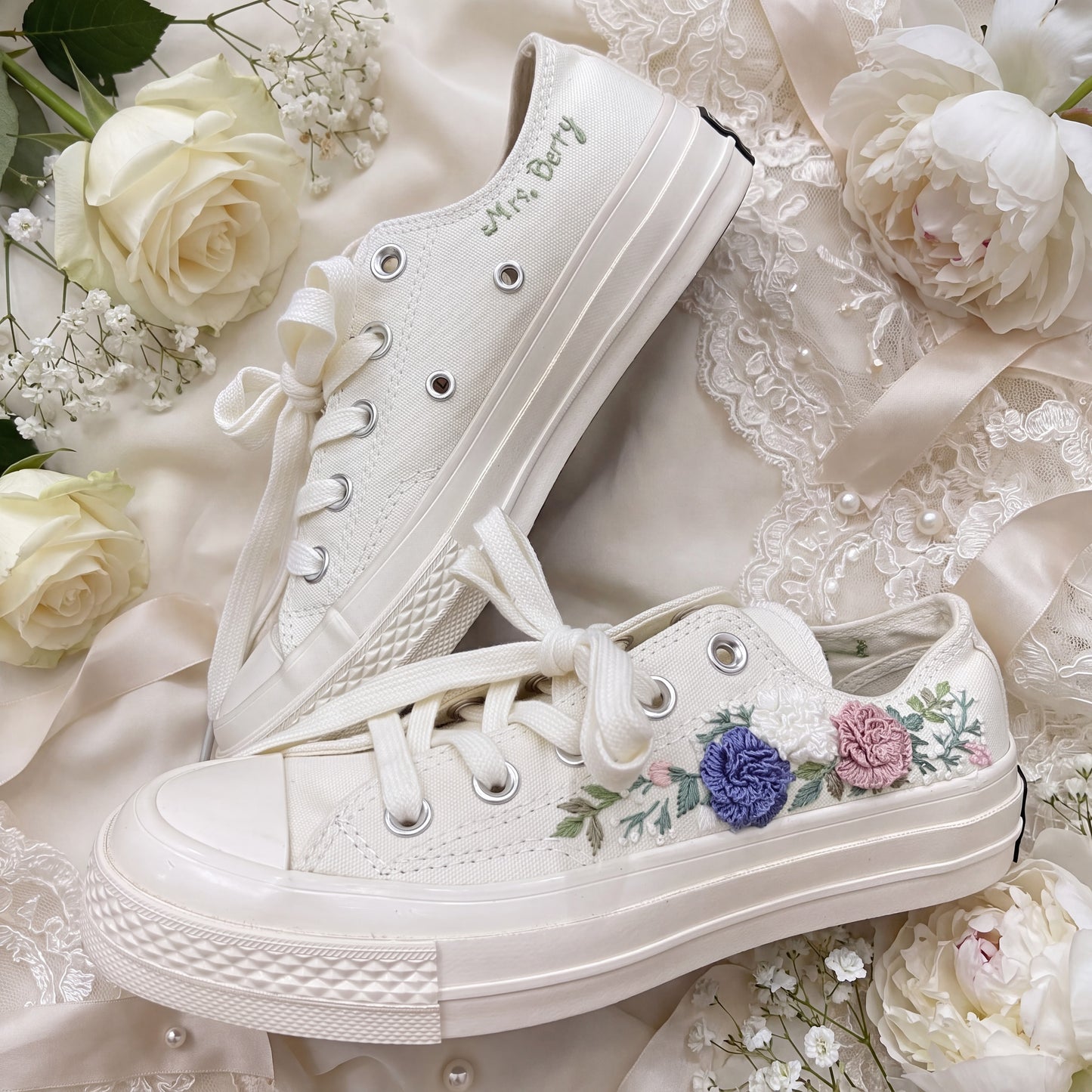 Hand Embroidered Low Top Bridal Converse Shoes | Custom Colorful Wildflower Wedding Sneakers | Personalized White Converse Gift for Bride