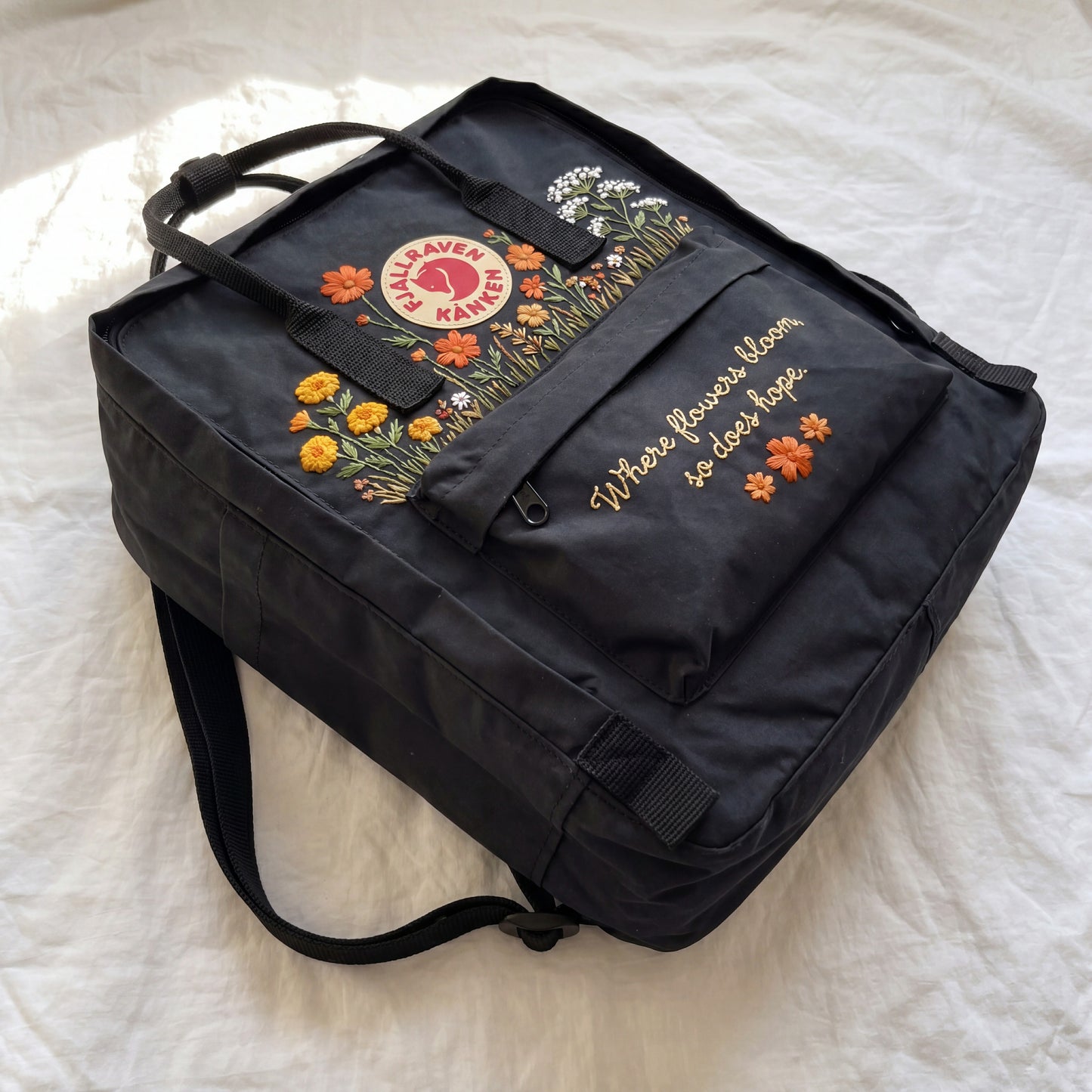 Personalized Fjallraven Kanken Wildflower Backpack, Embroidered Marigold & Baby's Breath Kanken Bag, CustomBackpack with Meaningful Quote