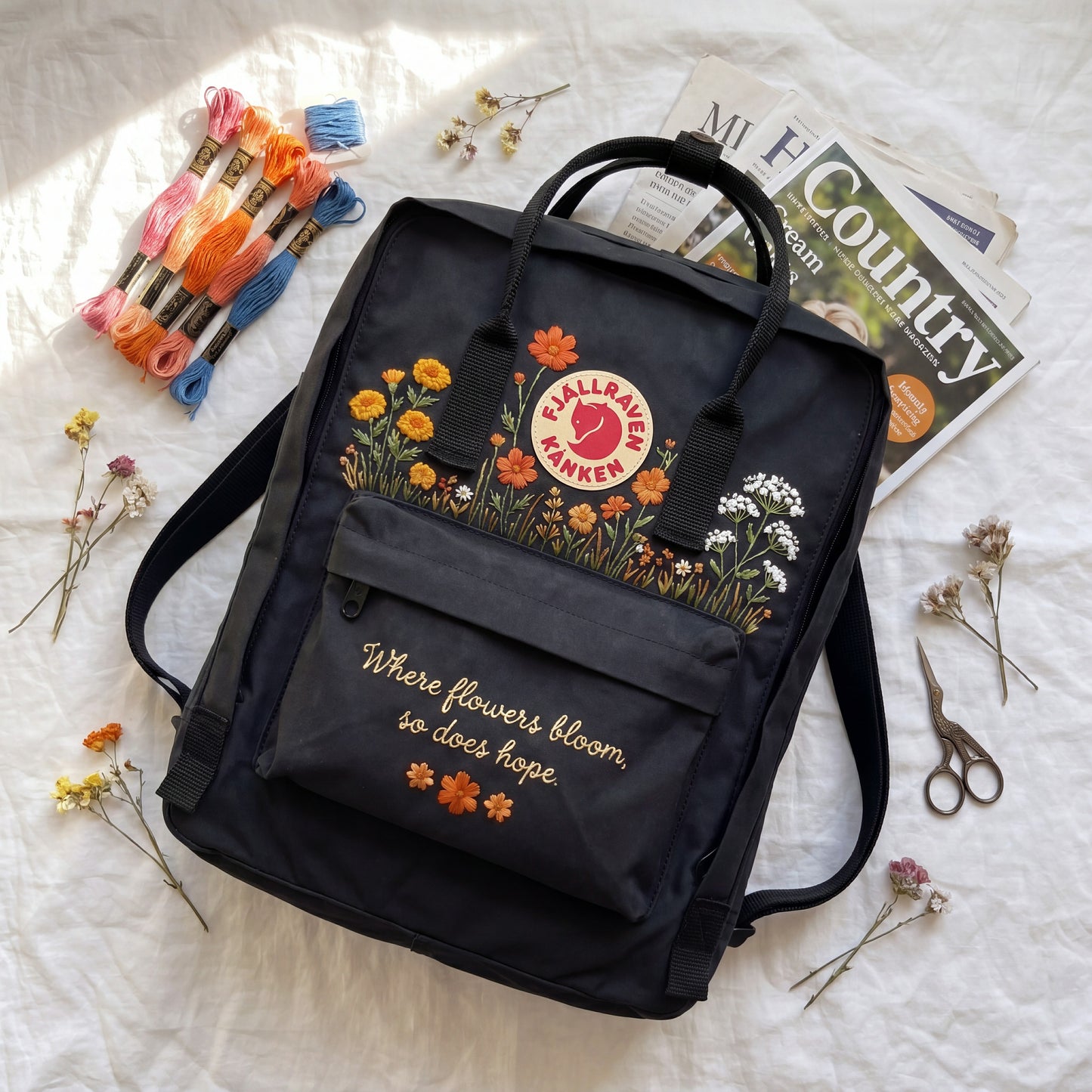 Personalized Fjallraven Kanken Wildflower Backpack, Embroidered Marigold & Baby's Breath Kanken Bag, CustomBackpack with Meaningful Quote