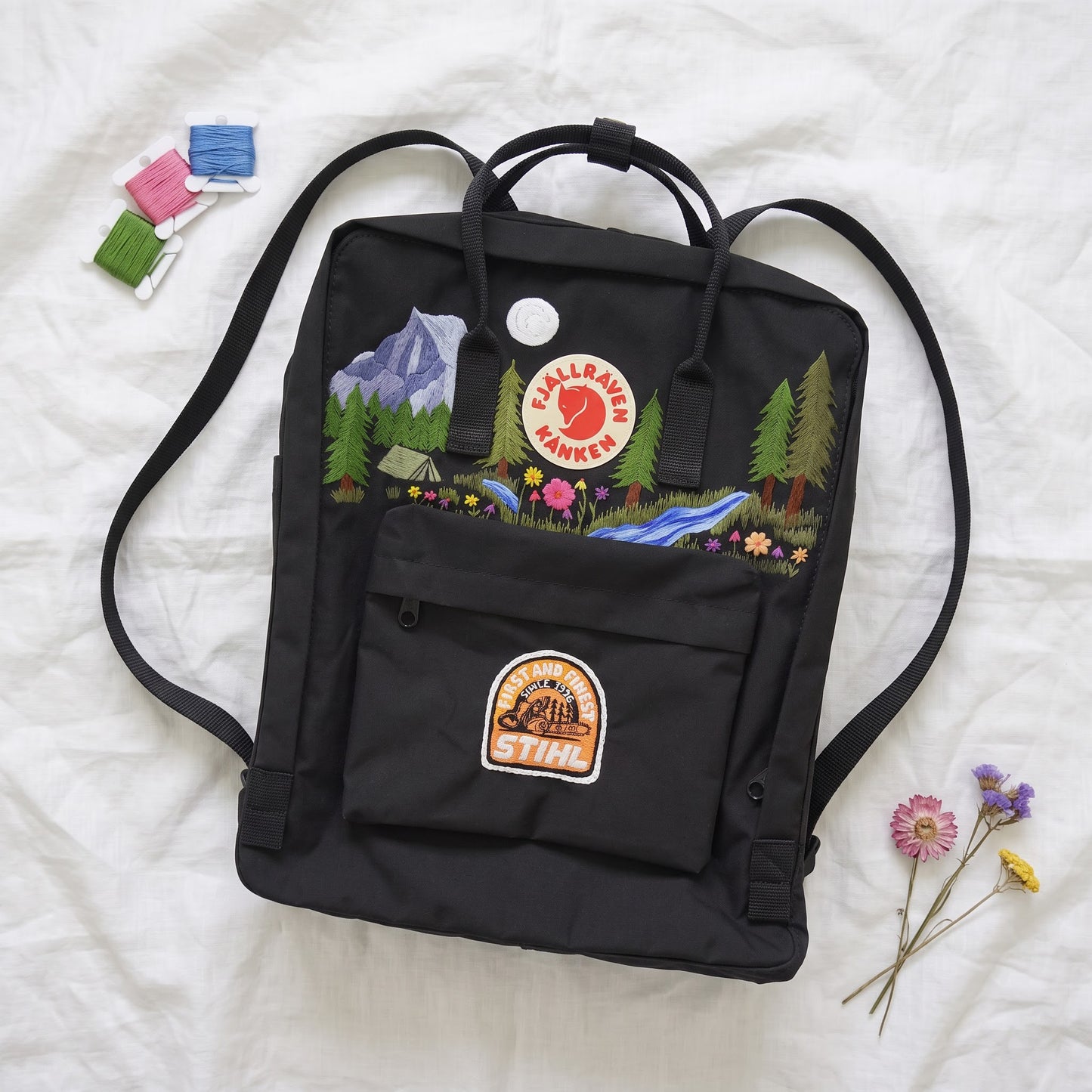 Custom Logo Embroidered Fjallraven Kanken Backpack | Personalized Symbol Kanken Bag | Mountain & Forest Embroidery | Camping Hiking Backpack