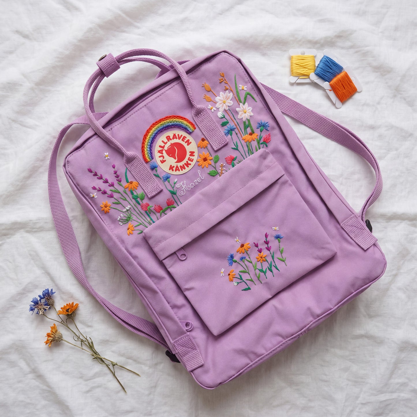 Custom Embroidered Fjallraven Kanken Backpack Wildflower | Fjallraven Kanken Travel Backpack| Handmade Cottagecore School Bag|Wildflower Bag