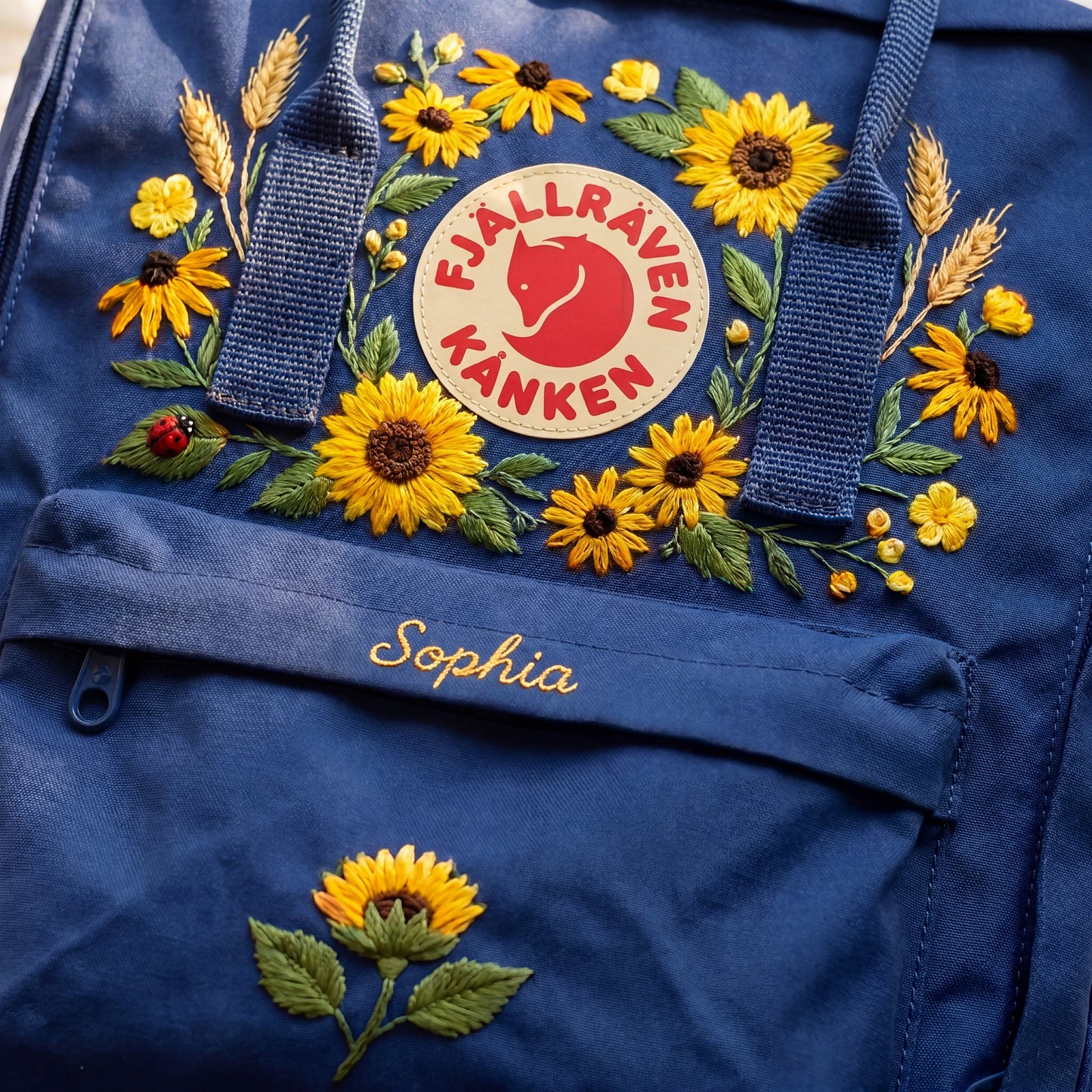 Personalized Fjallraven Kanken Sunflower Backpack, Custom Name Embroidered Kanken Bag, Embroidered Sunflower Garden School Backpack