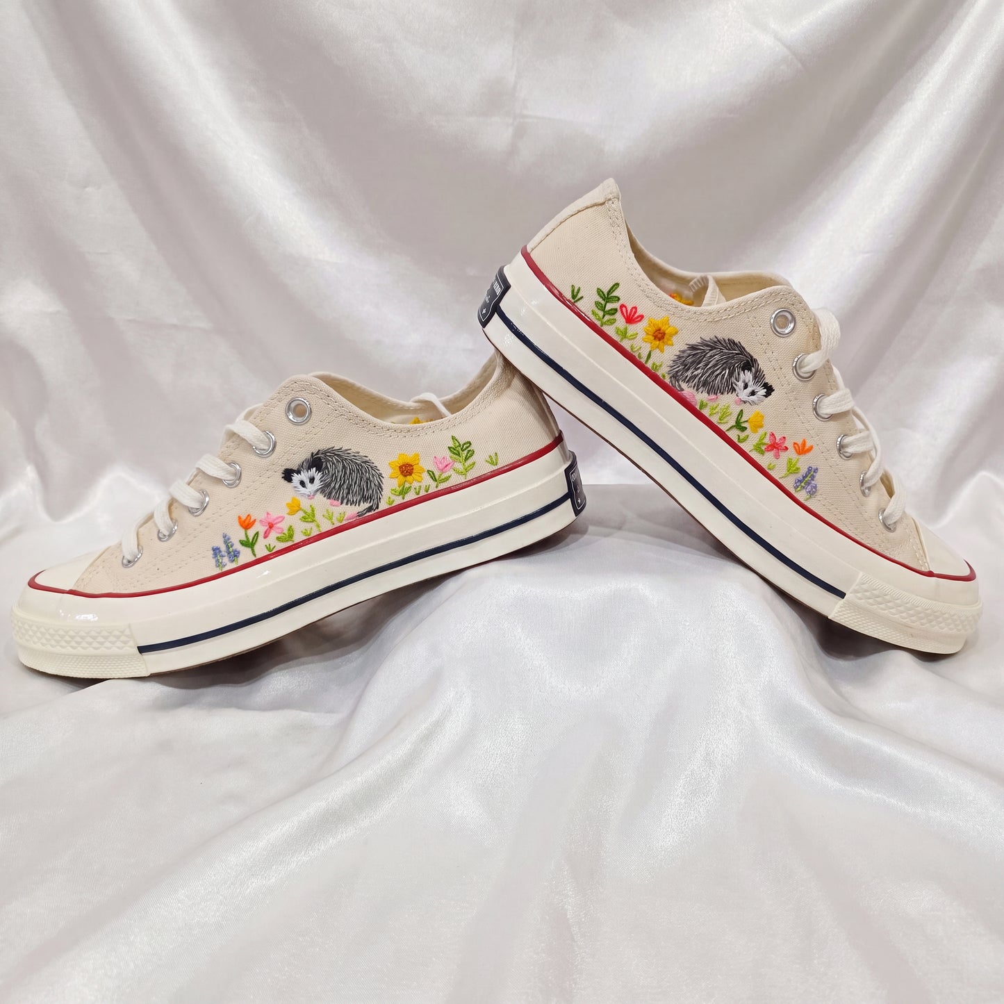 Hand Embroidered Opossum Converse Shoes | Custom Floral White Converse Sneakers | Personalized Gift for Women