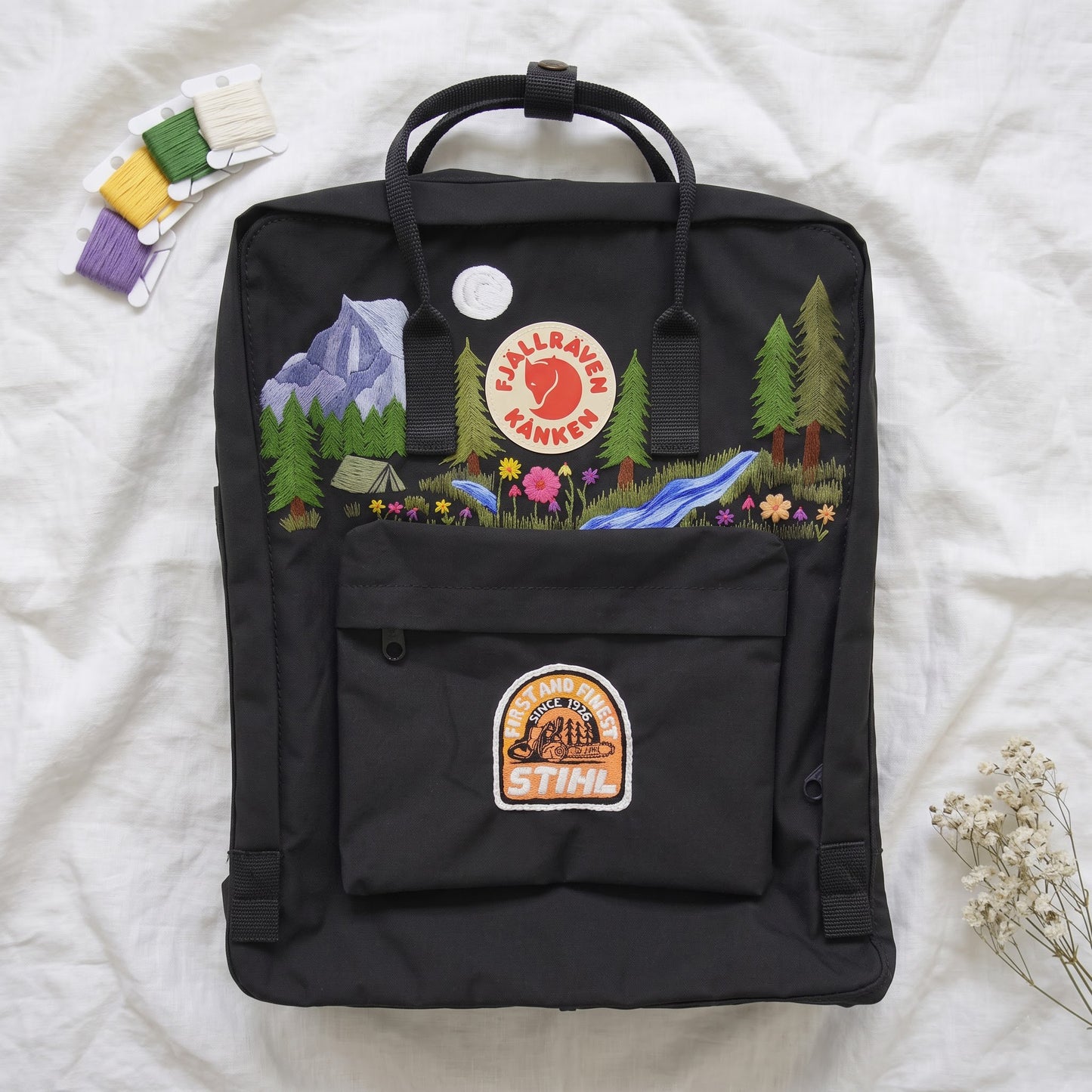 Custom Logo Embroidered Fjallraven Kanken Backpack | Personalized Symbol Kanken Bag | Mountain & Forest Embroidery | Camping Hiking Backpack