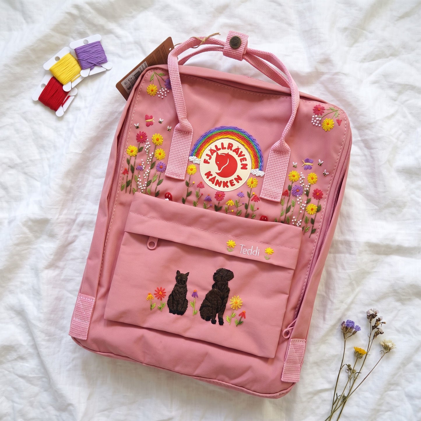 Personalized Fjallraven Kanken Pet Backpack | Custom Cat & Dog Embroidered Kanken Bag |Rainbow Wildflower Backpack | Custom Pet Portrait Bag