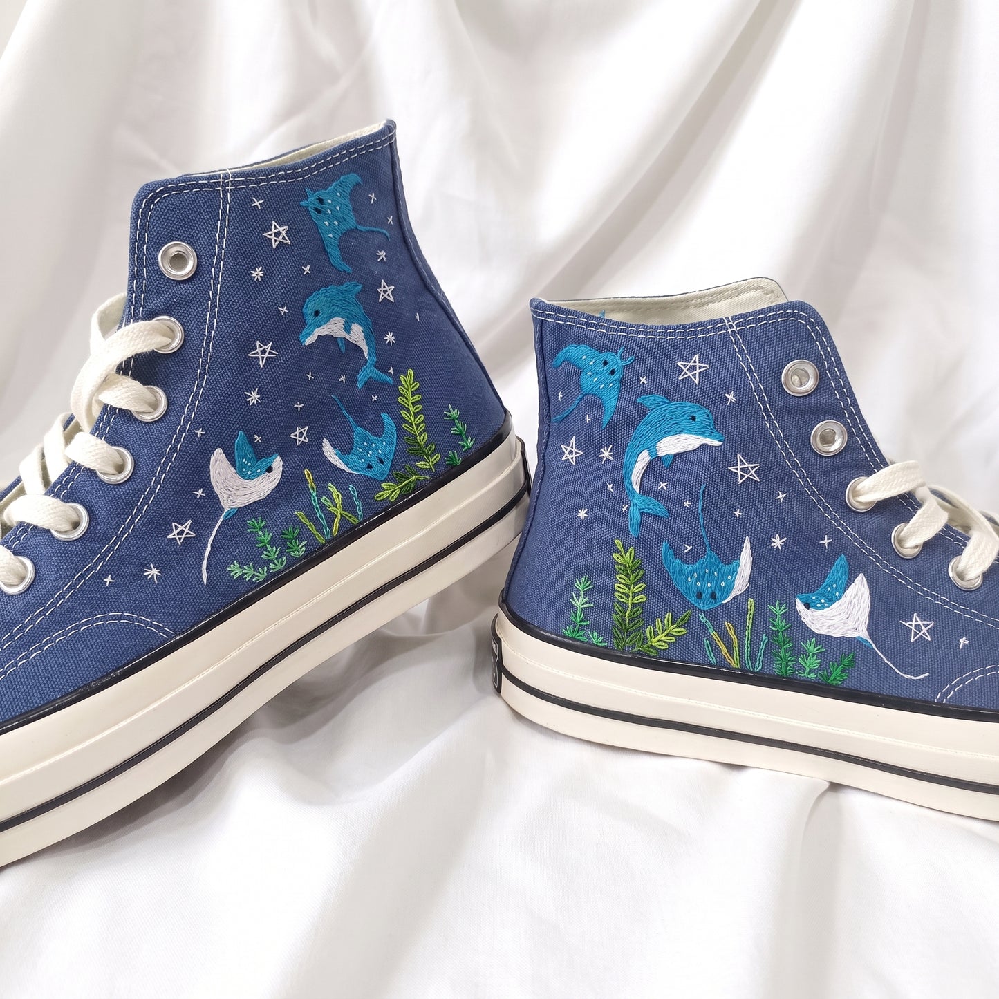Hand Embroidered Ocean Converse Shoes | Custom Dolphin & Stingray Sneakers | Personalized Gift for Ocean Lovers