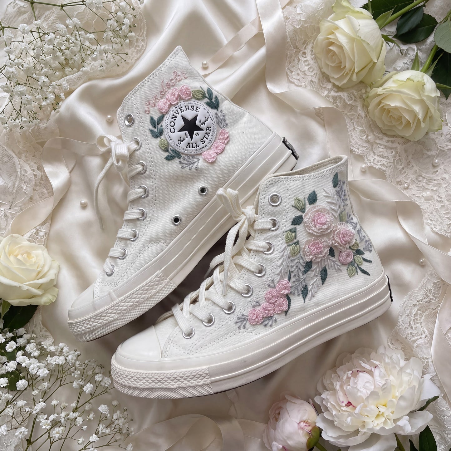 Hand Embroidered Bridal Converse Shoes | Custom Blush Pink Rose Wedding Sneakers | Personalized White Converse Gift for Bride