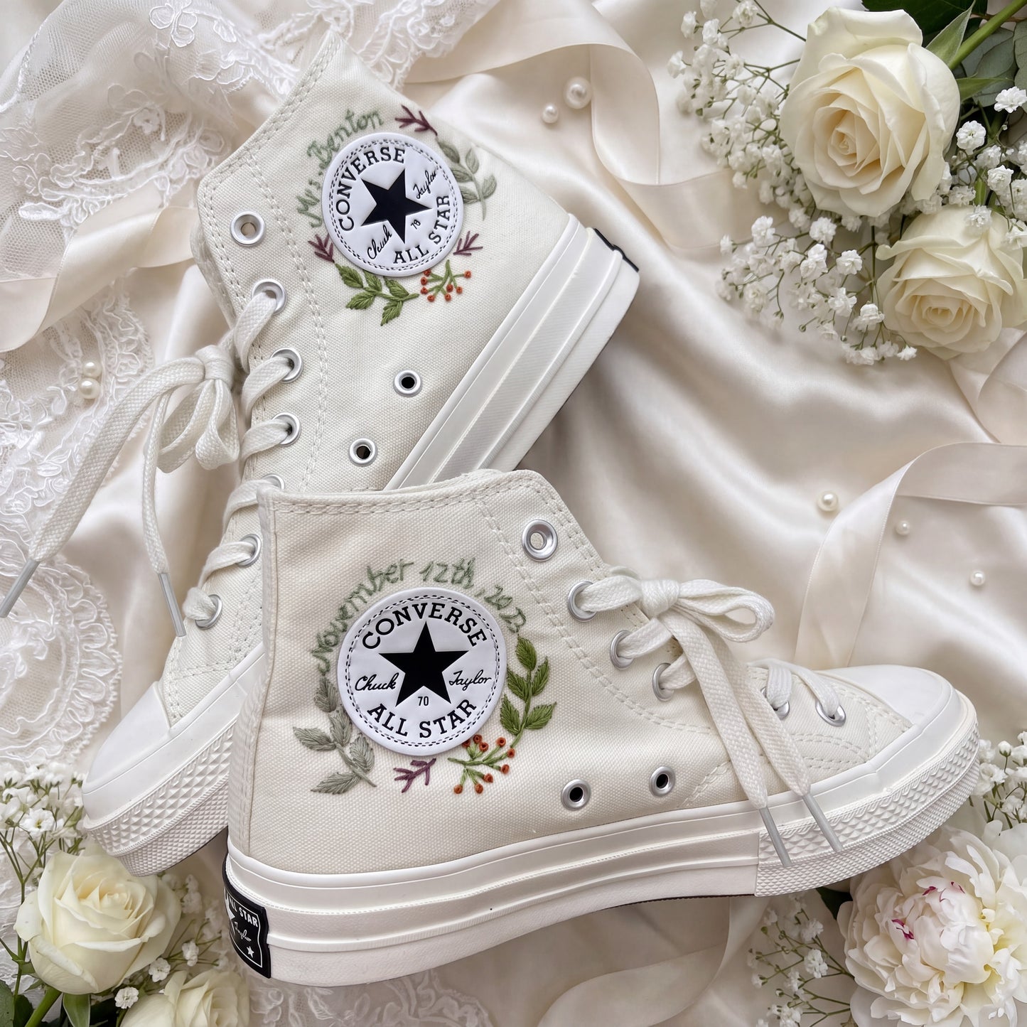 Hand Embroidered Bridal Converse Shoes | Custom Blush & Terracotta Floral Wedding Sneakers | Personalized White Converse Gift for Bride