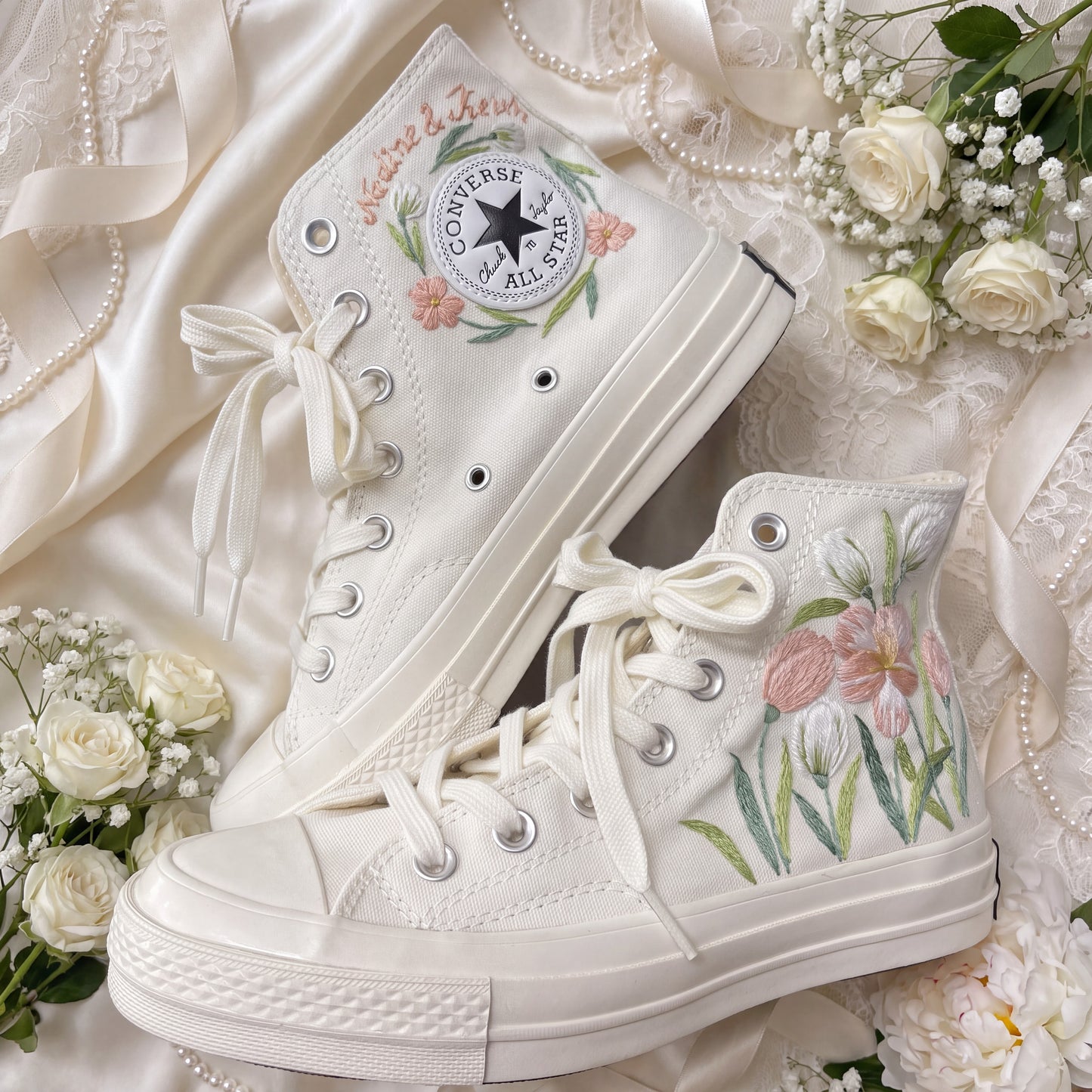 Hand Embroidered Bridal Converse Shoes | Custom Blush Wildflower Wedding Sneakers | Personalized White Converse Gift for Bride