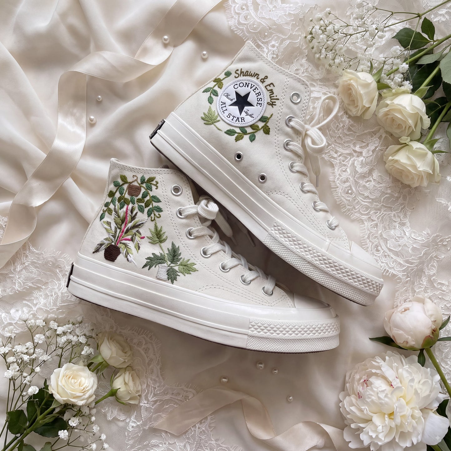 Hand Embroidered Botanical Bridal Converse Shoes | Custom Plant Lover Wedding Sneakers | Personalized White Converse Gift for Bride
