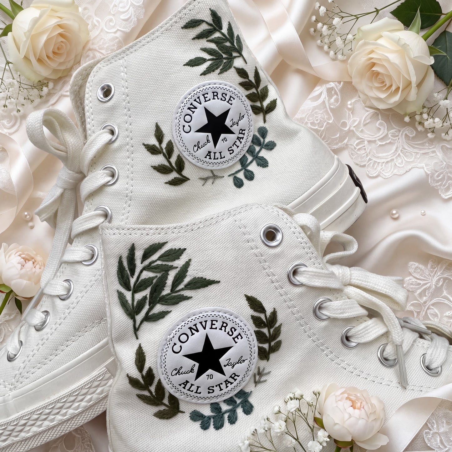 Hand Embroidered Bridal Converse Shoes | Custom Botanical Greenery Wedding Sneakers | Personalized White Converse Gift for Bride
