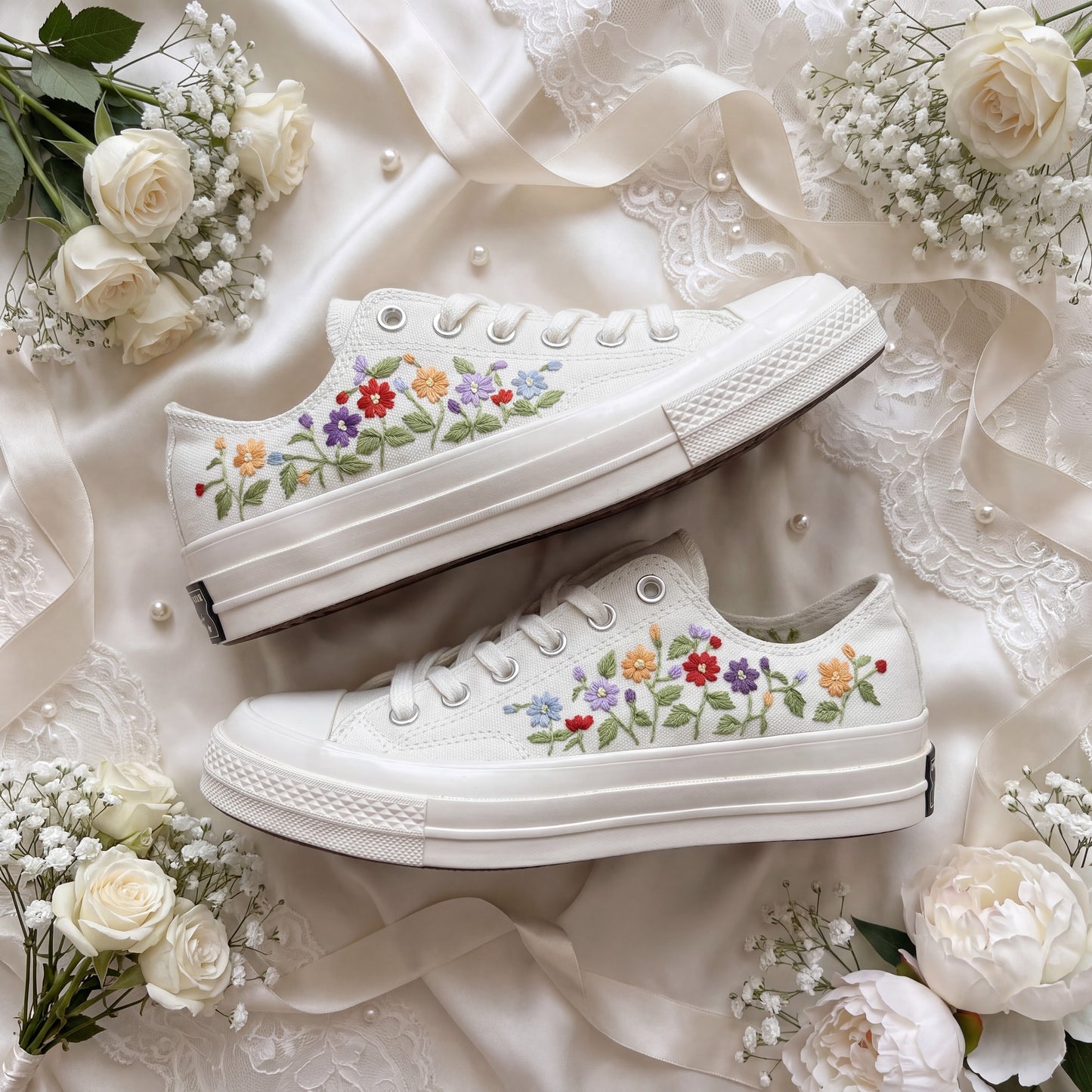 Hand Embroidered Bridal Converse Shoes | Custom Colorful Wildflower Wedding Sneakers | Personalized White Converse Gift for Bride