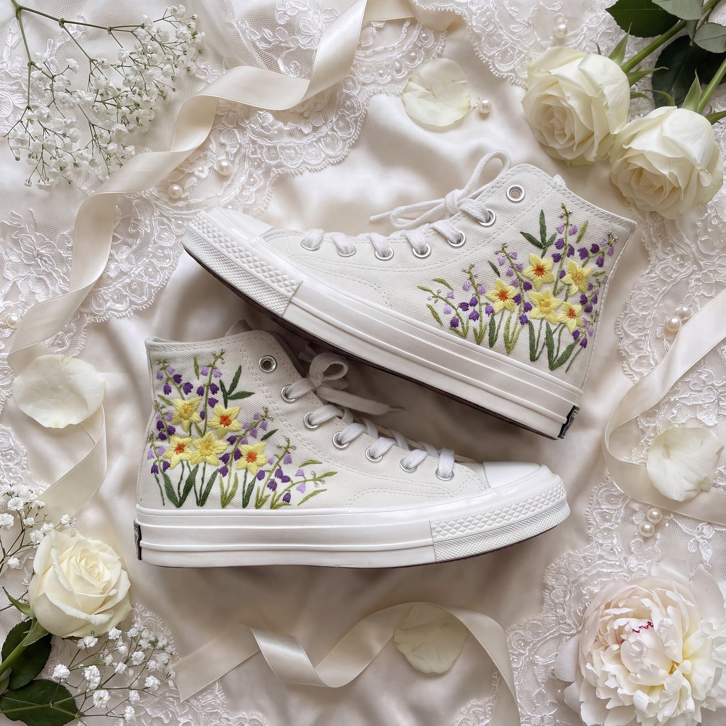 Hand Embroidered Bridal Converse Shoes | Custom Daffodil & Lavender Wedding Sneakers | Personalized White Converse Gift for Bride