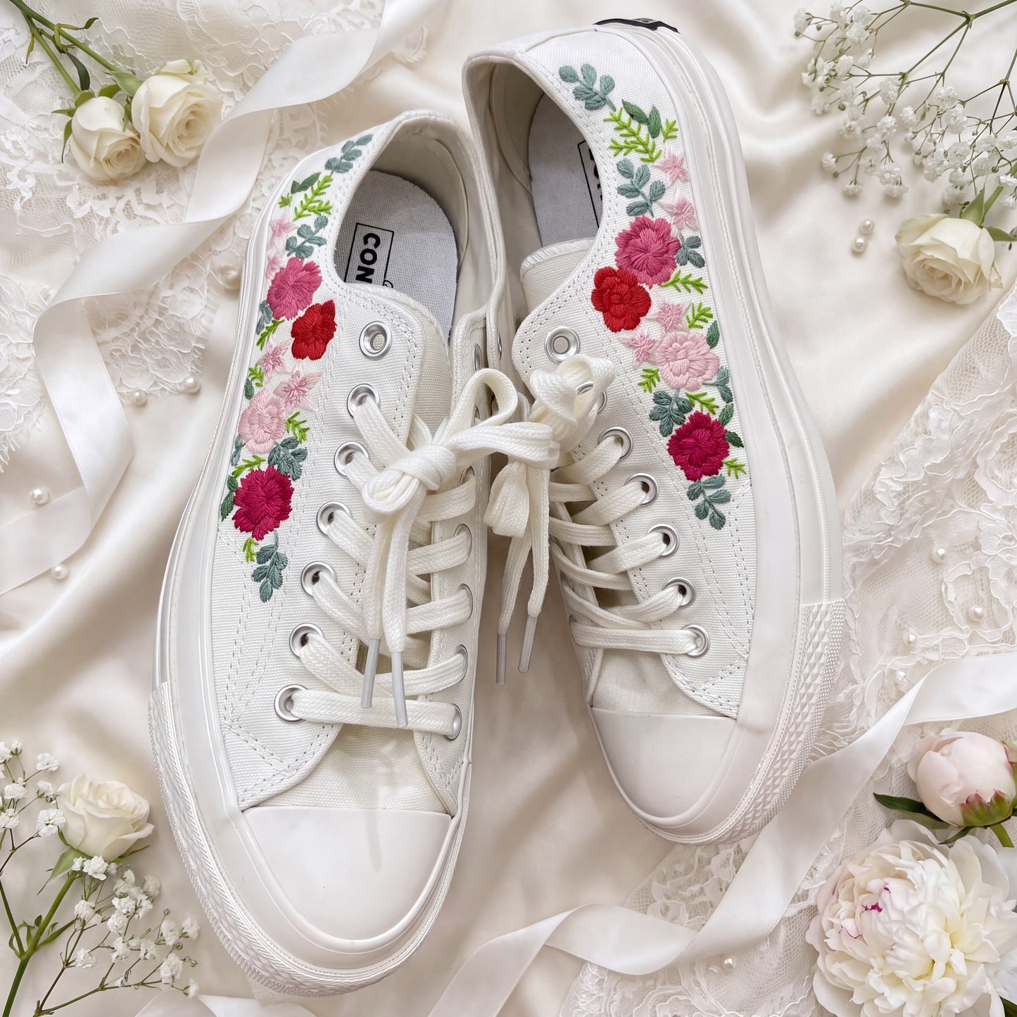 Hand Embroidered Bridal Converse Shoes | Custom Floral Wedding Sneakers | Personalized White Converse Gift for Bride