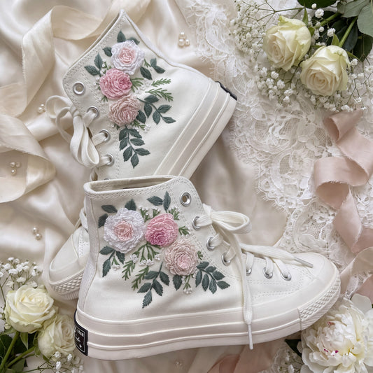 Hand Embroidered Bridal Converse Shoes | Custom Rose Floral Wedding Sneakers | Personalized White Converse Gift for Bride