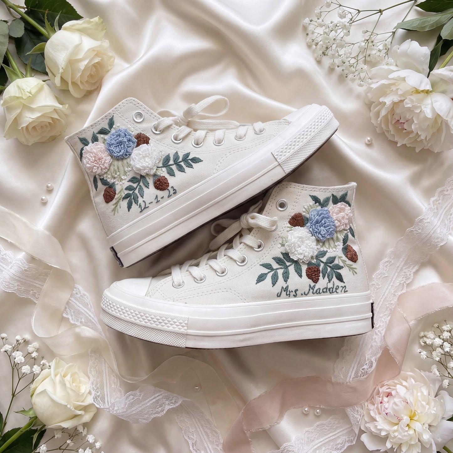 Hand Embroidered Bridal Converse Shoes | Custom Multicolor Hydrangea Wedding Sneakers | Personalized White Converse Gift for Bride