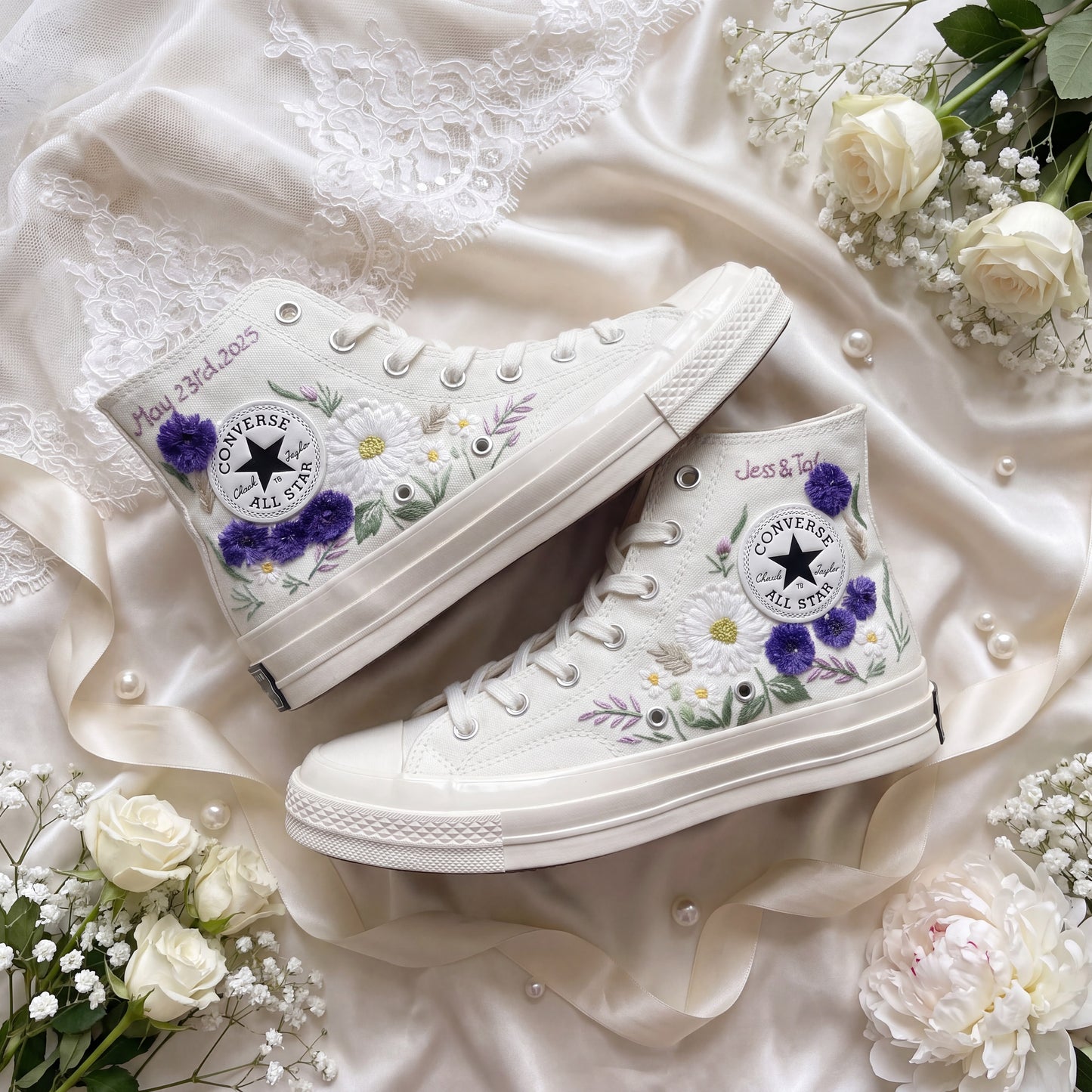 Hand Embroidered Bridal Converse Shoes | Custom Purple Wildflower Wedding Sneakers | Personalized White Converse Gift for Bride
