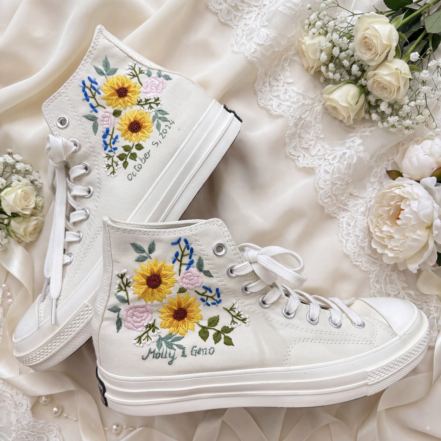 Hand Embroidered Bridal Converse Shoes | Custom Sunflower Wedding Sneakers | Personalized White Converse Gift for Bride