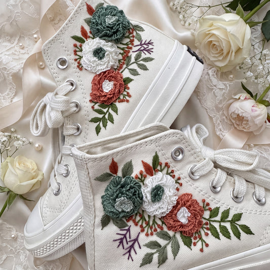 Hand Embroidered Bridal Converse Shoes | Custom Vintage Floral Wedding Sneakers | Personalized White Converse Gift for Bride