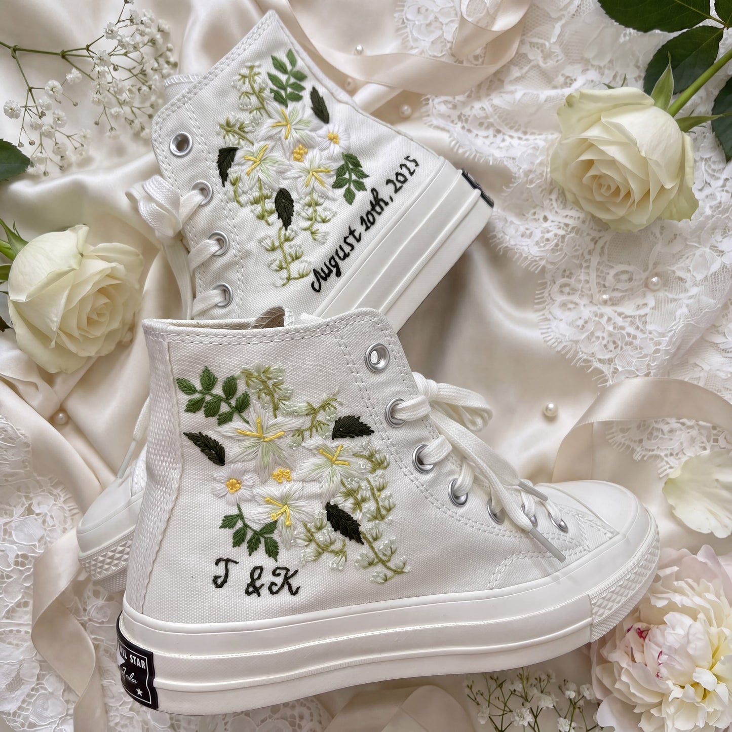 Hand Embroidered Bridal Converse Shoes | Custom White Jasmine Wedding Sneakers | Personalized White Converse Gift for Bride