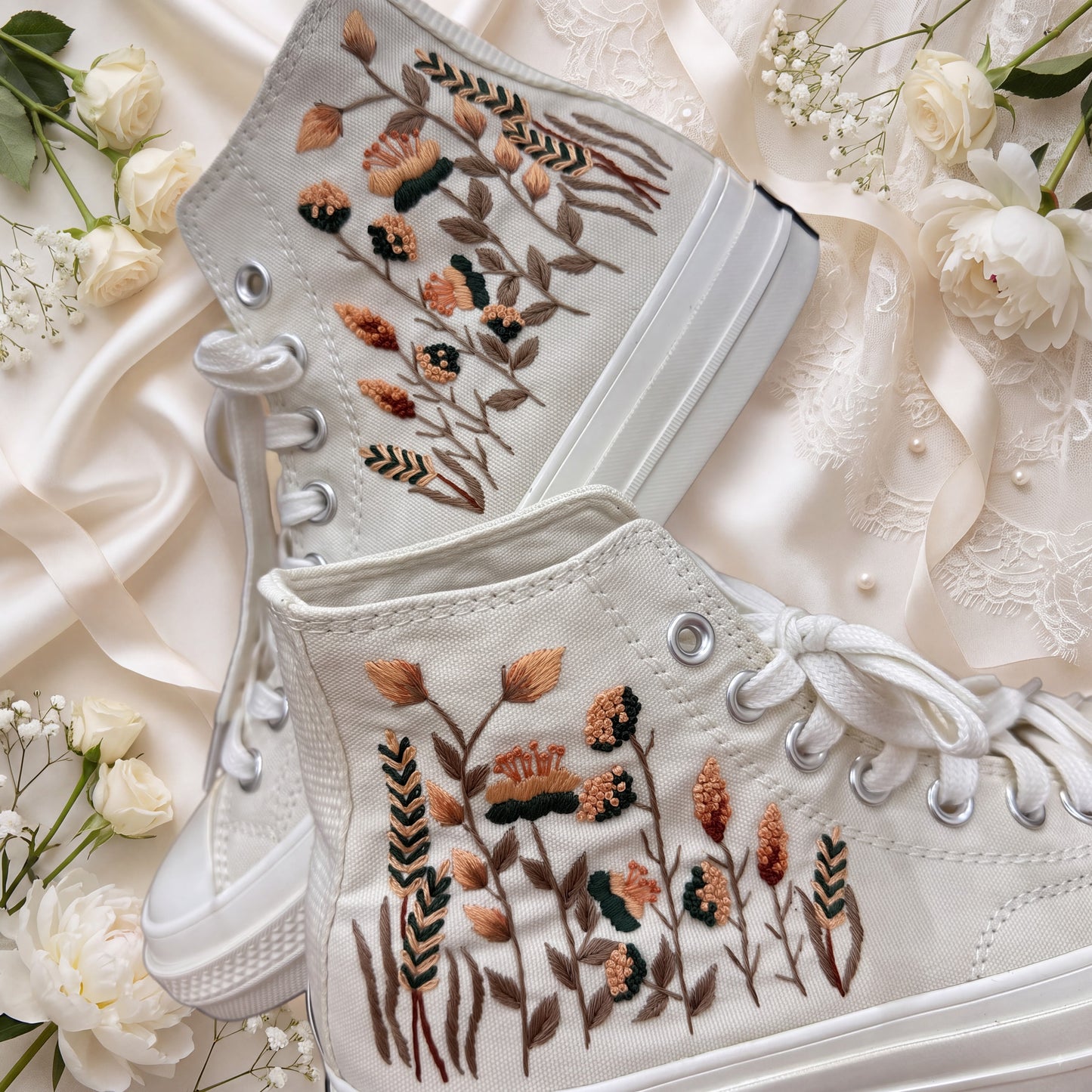 Hand Embroidered Wildflower Bridal Converse Shoes | Custom Botanical Wedding Sneakers | Personalized White Converse Gift for Bride