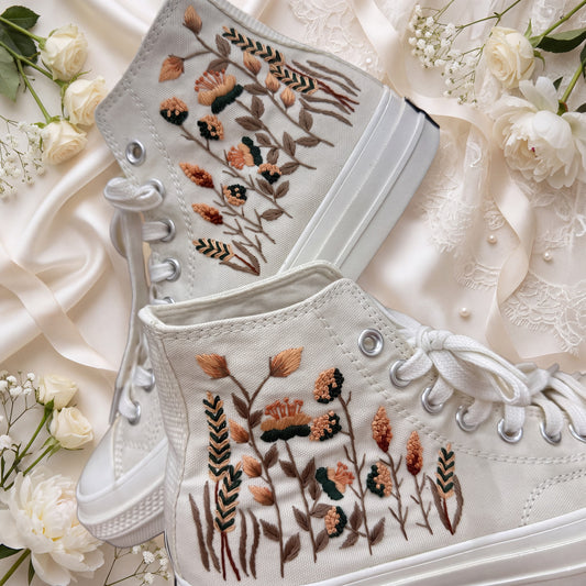 Hand Embroidered Wildflower Bridal Converse Shoes | Custom Botanical Wedding Sneakers | Personalized White Converse Gift for Bride