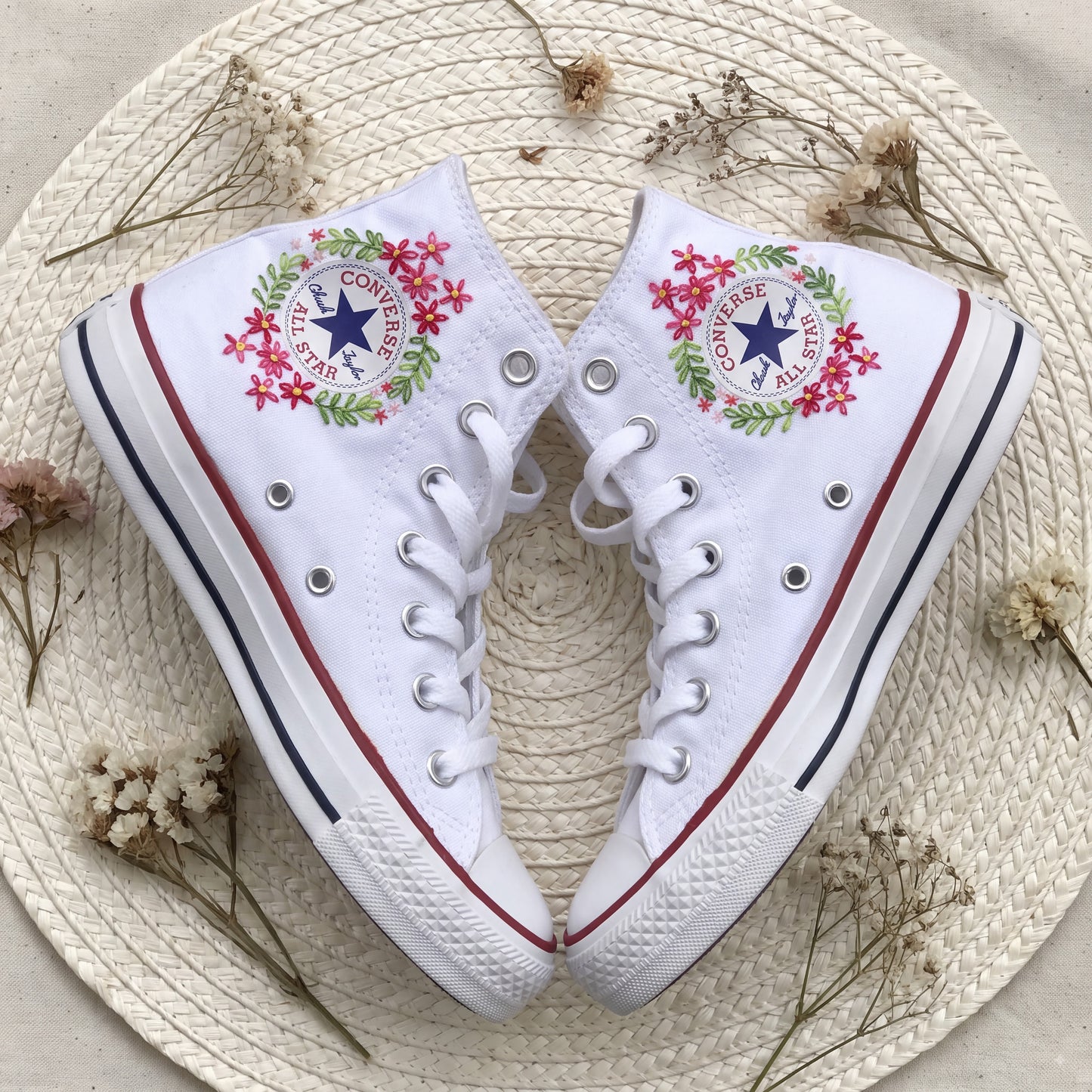 Hand Embroidered High Top Converse Shoes | Custom Tulip & Cherry Blossom Sneakers | Personalized White Canvas Converse Gift