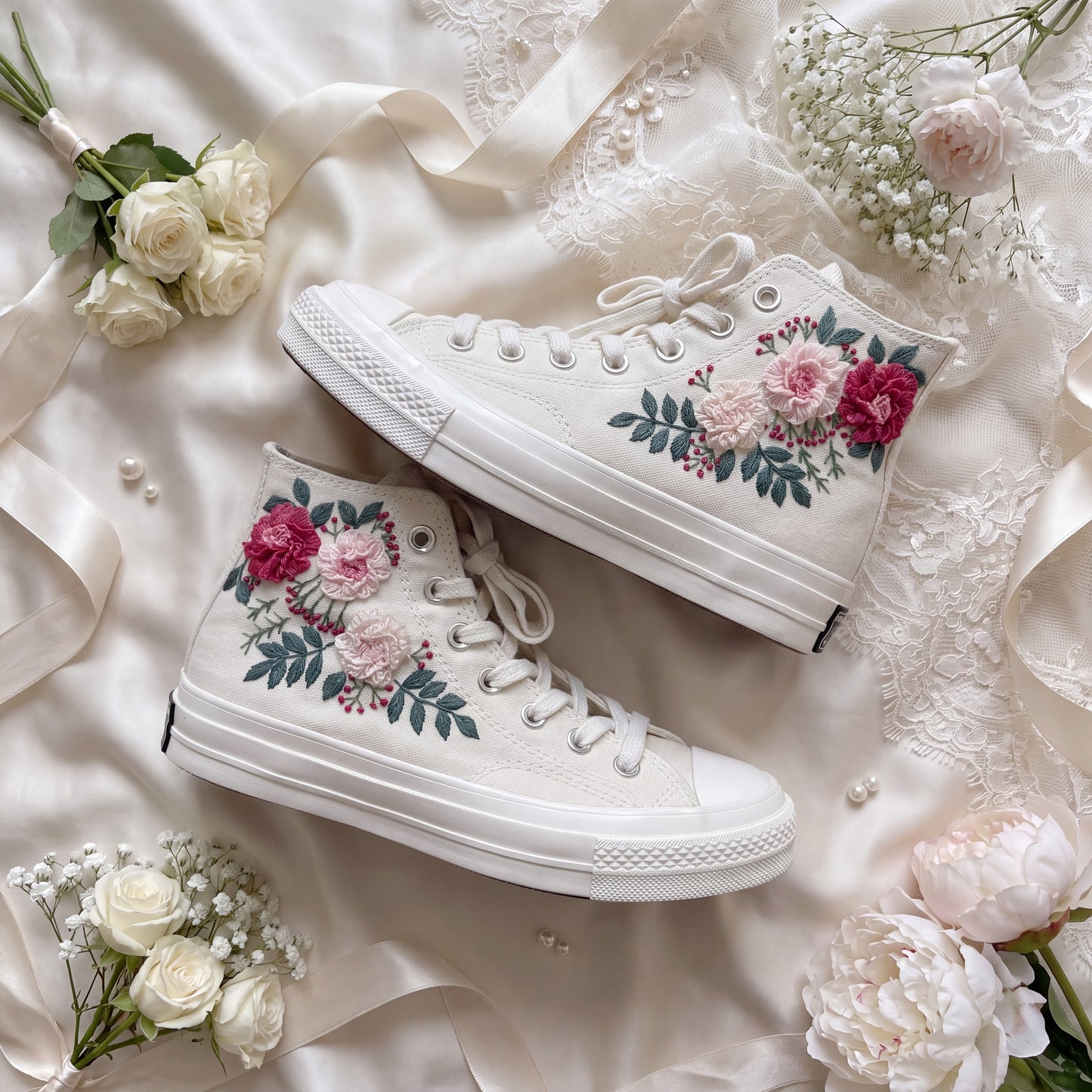 Hand Embroidered High Top Bridal Converse Shoes | Custom Pink Rose Wedding Sneakers | Personalized White Converse Gift for Bride