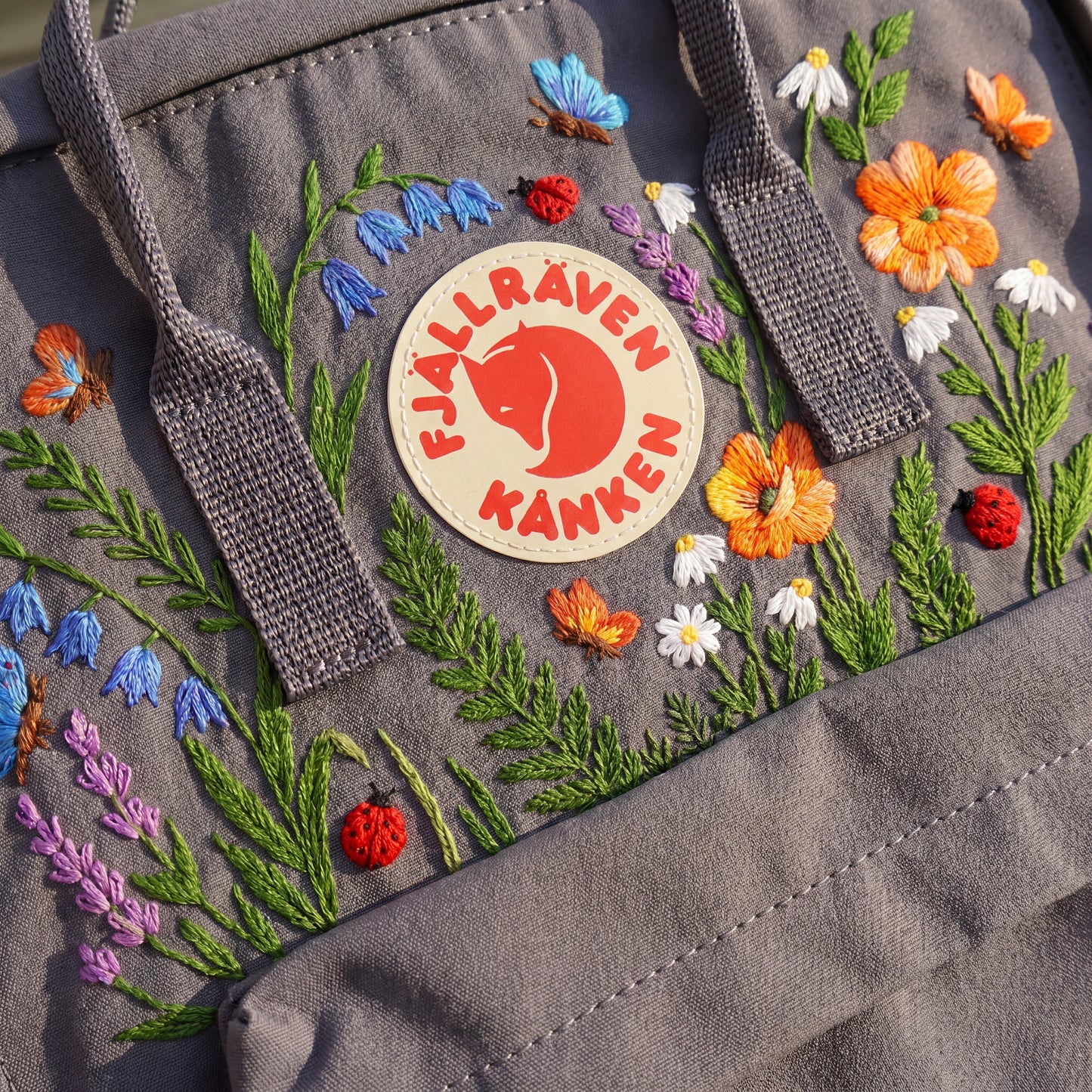 Fjallraven Kanken Wildflower Embroidered Backpack | Poppy Bluebell Daisy Floral Kanken Bag | Butterfly Ladybug Garden Design | Shool Backpack