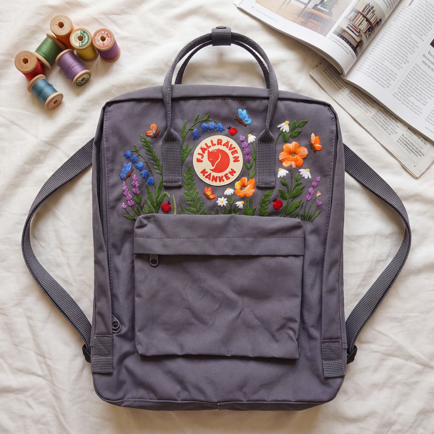 Fjallraven Kanken Wildflower Embroidered Backpack | Poppy Bluebell Daisy Floral Kanken Bag | Butterfly Ladybug Garden Design | Shool Backpack