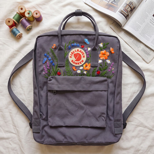 Fjallraven Kanken Wildflower Embroidered Backpack | Poppy Bluebell Daisy Floral Kanken Bag | Butterfly Ladybug Garden Design | Shool Backpack