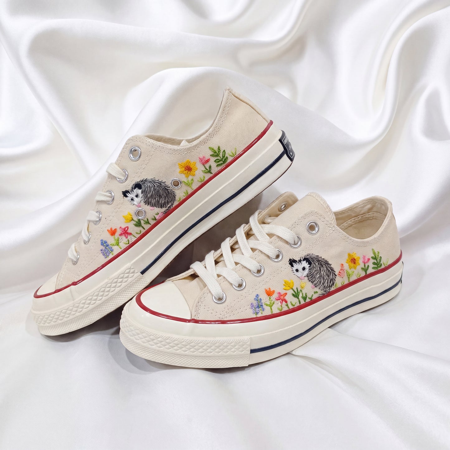 Hand Embroidered Opossum Converse Shoes | Custom Floral White Converse Sneakers | Personalized Gift for Women