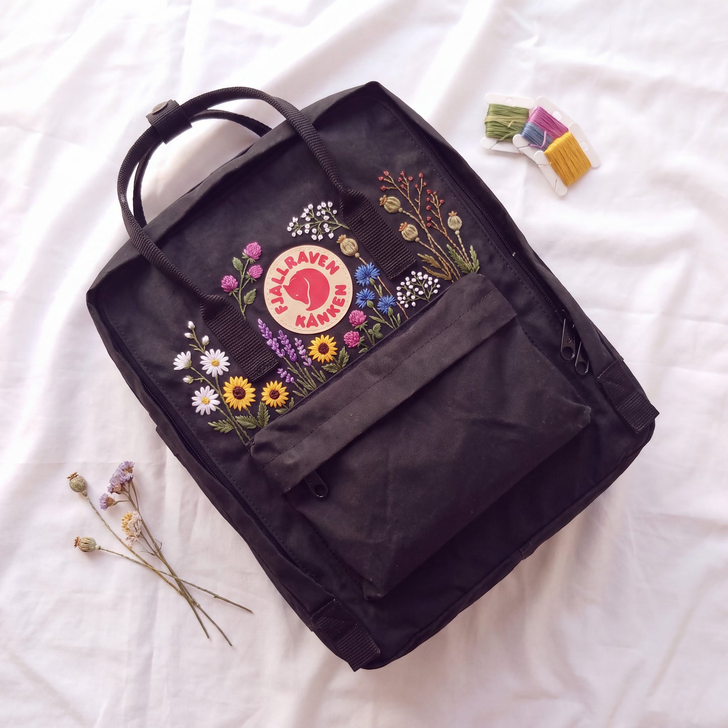 Hand Embroidered Fjallraven Kanken Backpack | Wildflower Floral Backpack | Sunflower Daisy Kanken Bag | Custom Personalized Backpack