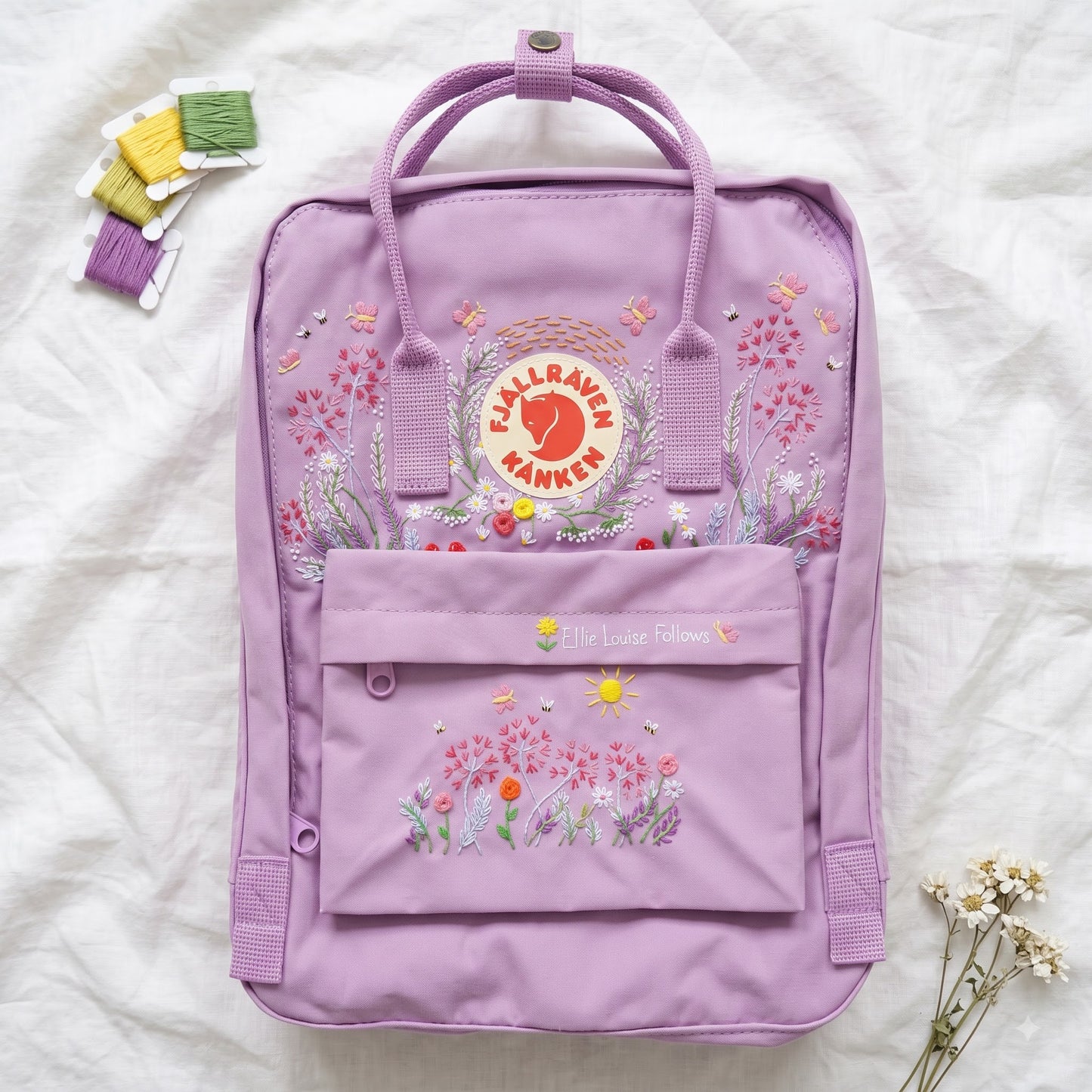 Kanken Backpack Embroidered with Dandelion Flowers / Fjallraven kanken embroidery design Dandelion flowers/ Butterfly and flower embroidered
