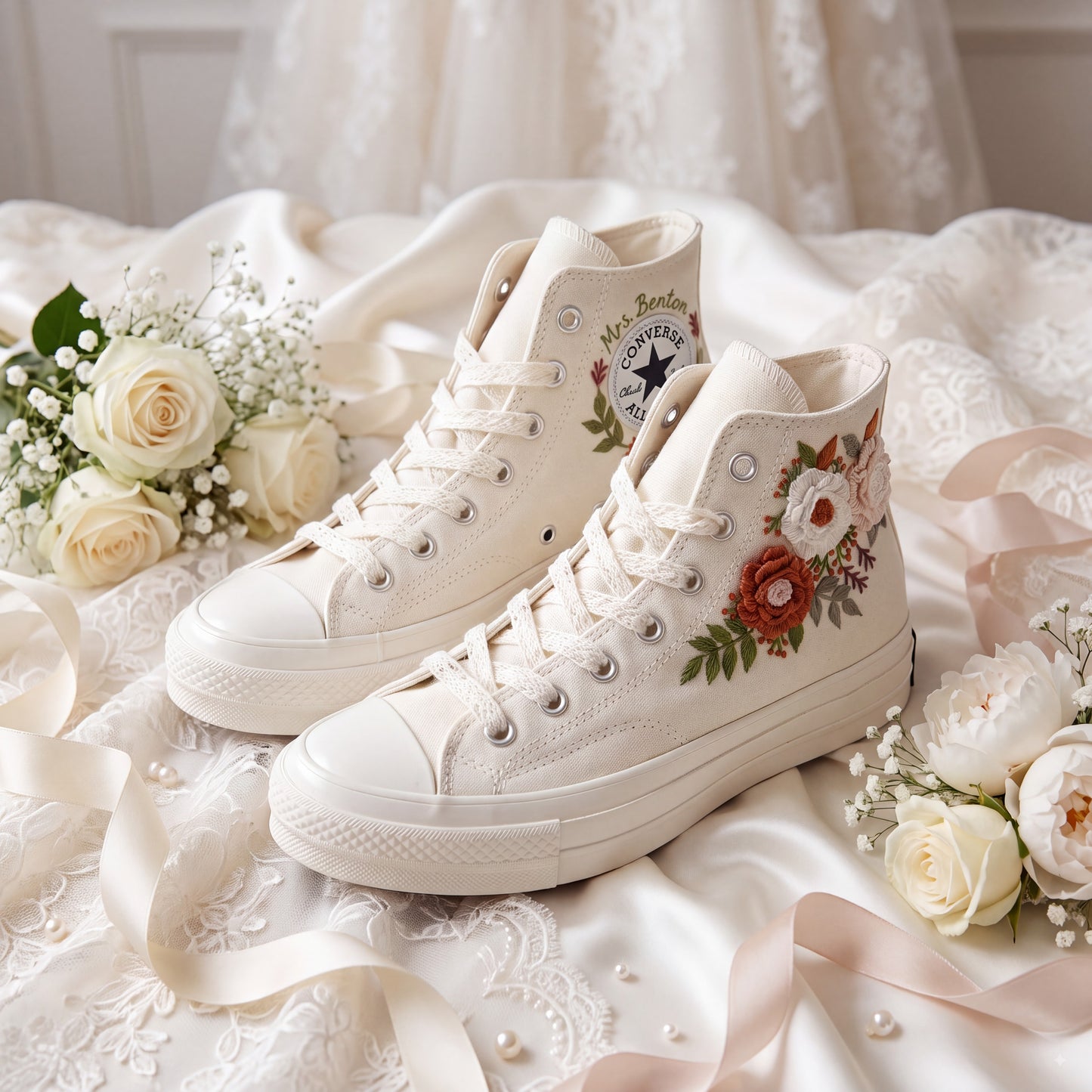 Hand Embroidered Bridal Converse Shoes | Custom Blush & Terracotta Floral Wedding Sneakers | Personalized White Converse Gift for Bride