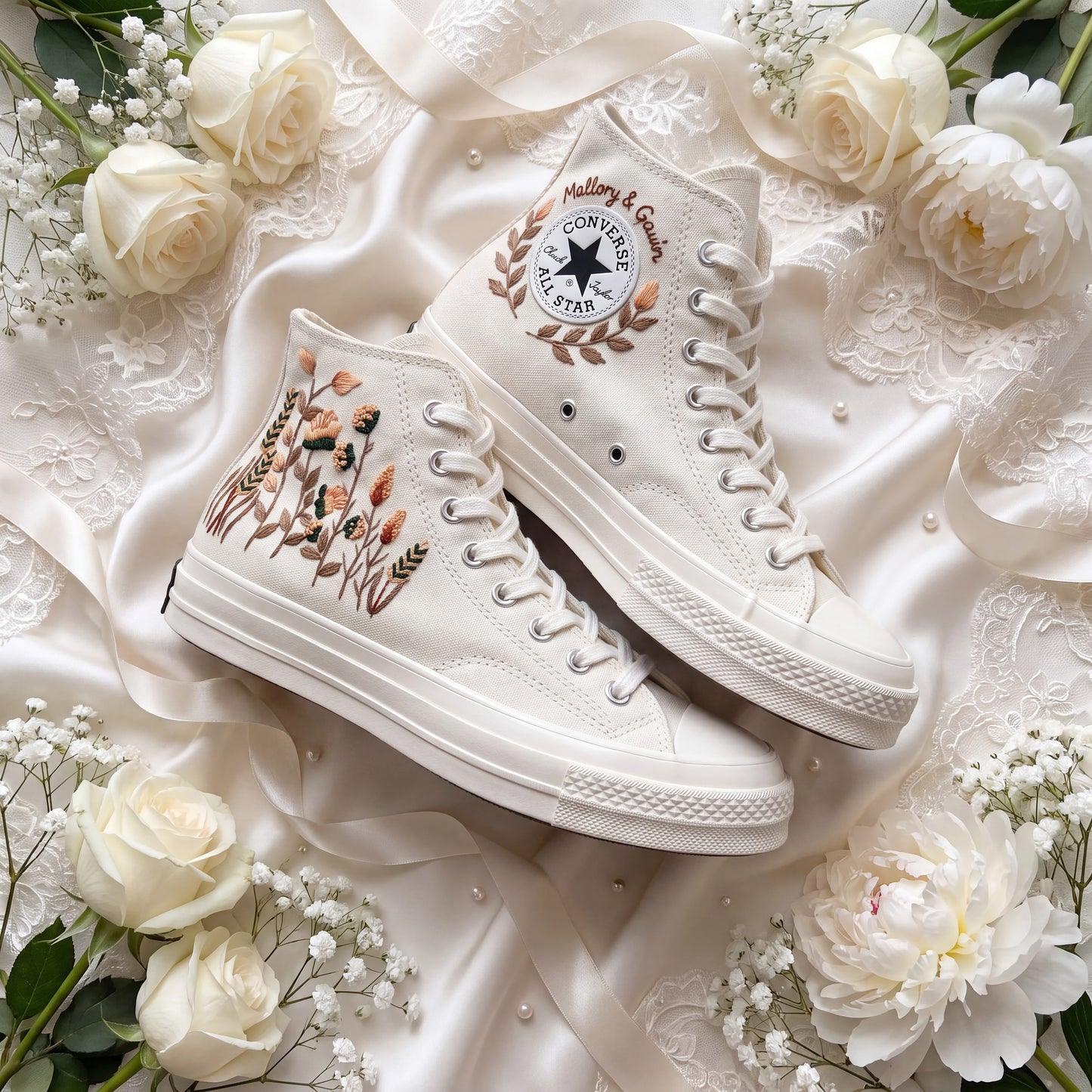 Hand Embroidered Wildflower Bridal Converse Shoes | Custom Botanical Wedding Sneakers | Personalized White Converse Gift for Bride